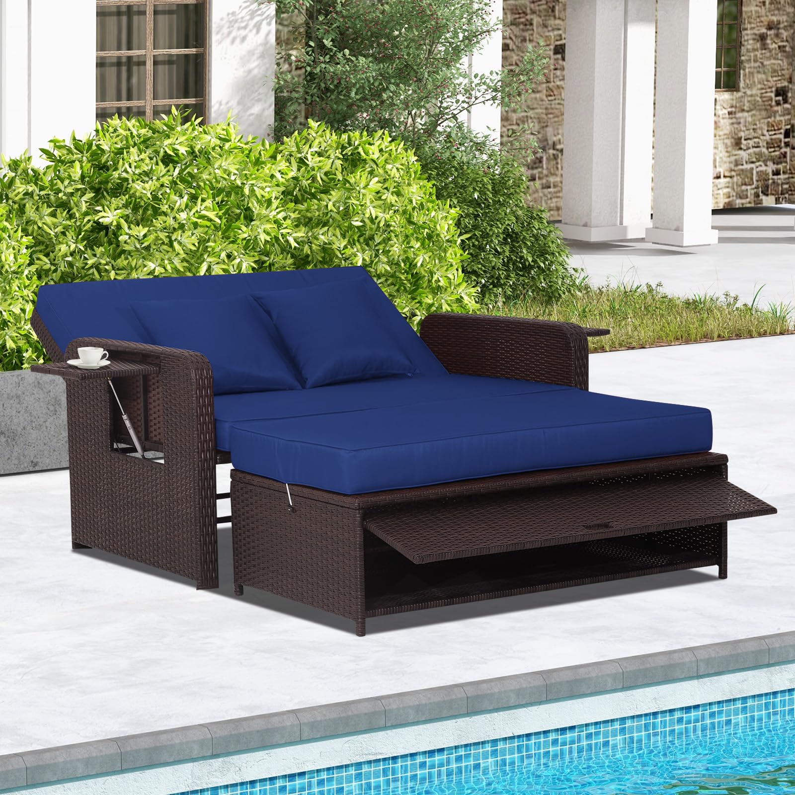 LDAILY Mocha Outdoor Daybed - Adjustable Wicker Loveseat Sofa Set with Storage Ottoman & Cushions - Rattan Double Bed Lounger for Patio, Garden, Poolside or Backyard (Navy)