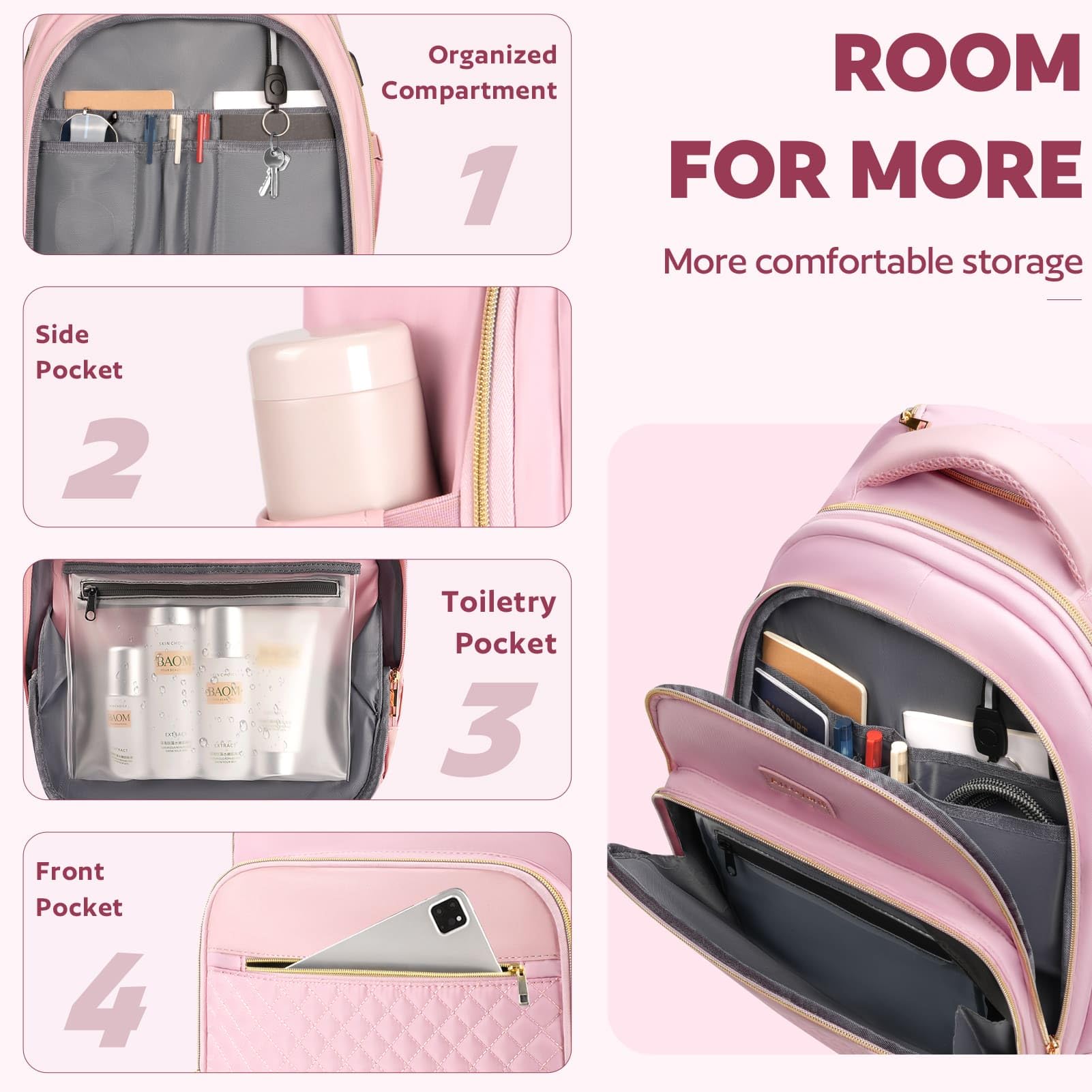 40L Rolling Backpack for Women - Pink Gold Wheeled Carry-On Luggage for Travel
