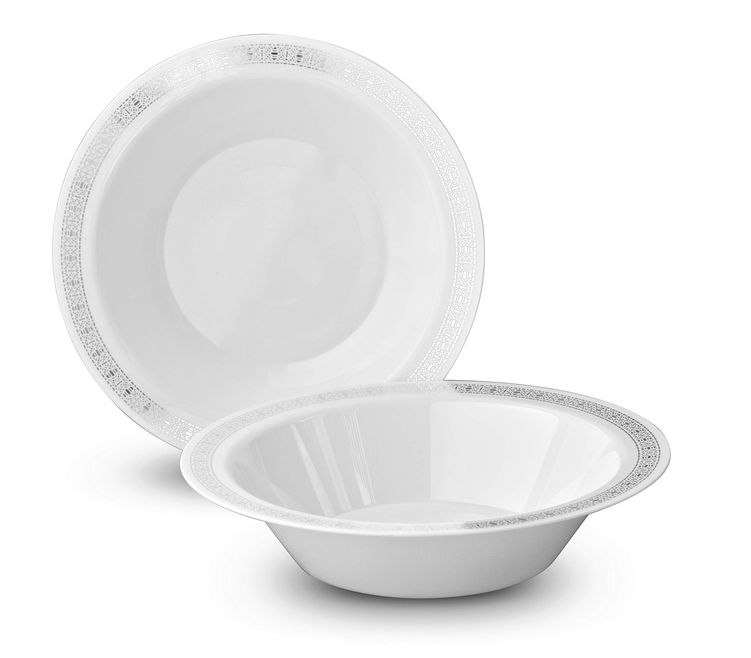 120-Piece Heavyweight Disposable Plastic Plates & Bowls Set - 14oz Soup Bowls in Elegant White & Silver Lace Design for Weddings, Parties, and Special Occasions | Perfect for Catering, Events, and Home Entertaining