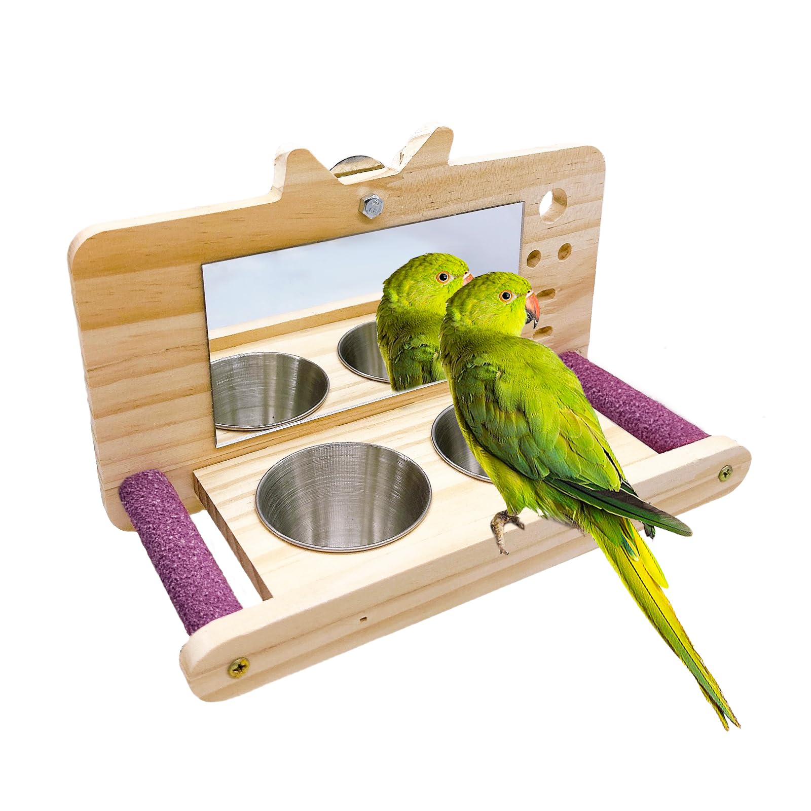Wooden Parrot Perch with Mirror & Feeding Cups - Bird Cage Swing Toy for Lovebirds, Parakeets, Conures, Cockatiels - Fun Play & Exercise for Pet Birds