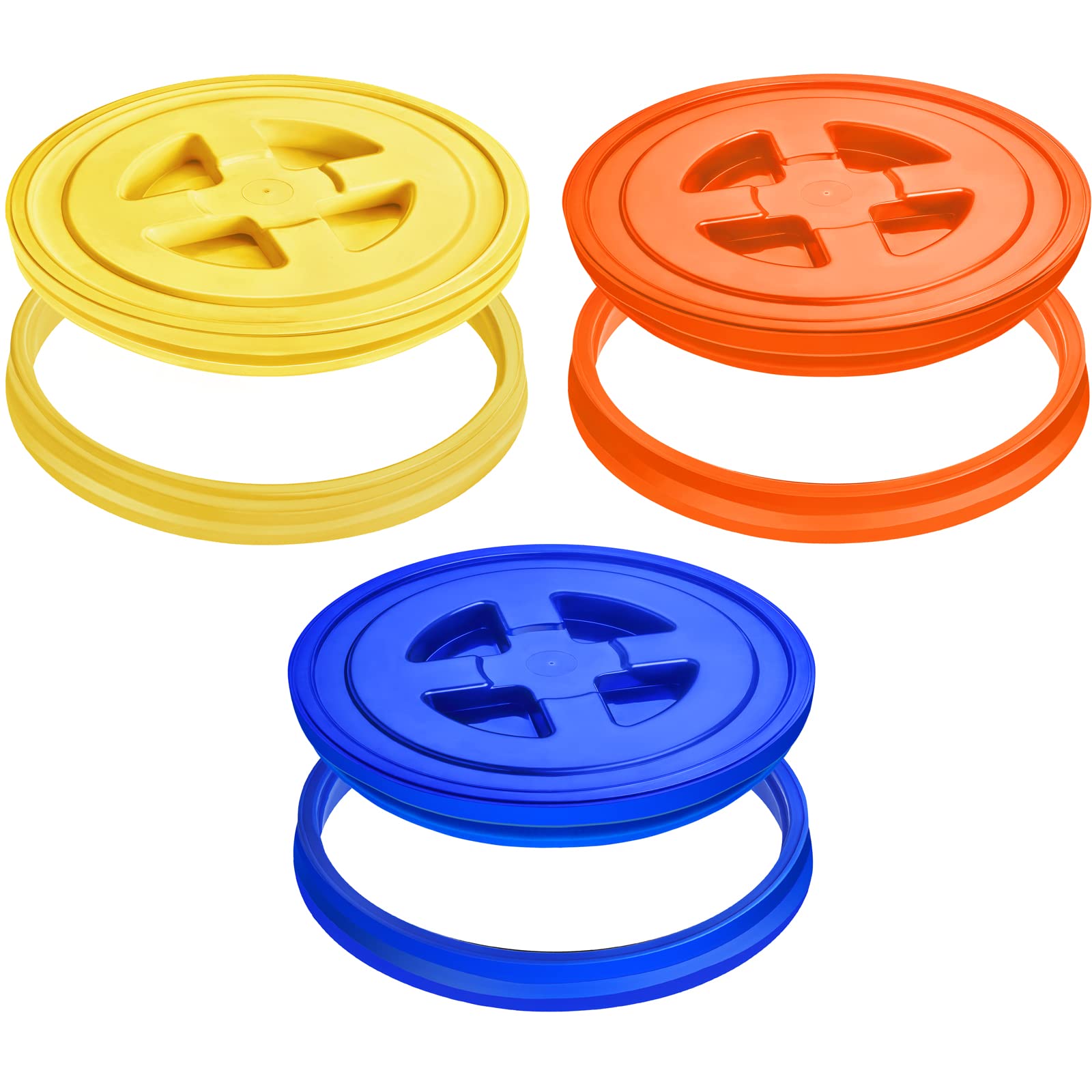 Aodaer 3-Piece 5 Gallon Bucket Lids - Screw Top Plastic Storage Lids for Pet Food, Grains, Paint & Coatings - Leak-Proof & Airtight Seal - Yellow, Blue, Orange - Ideal for Home Storage, Farm Use & DIY Projects