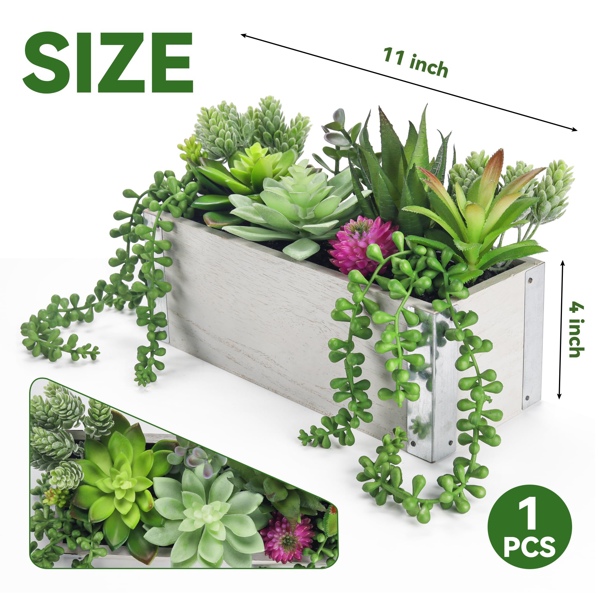 10 Pcs Artificial Succulent Plants in Rectangular Wooden Pots - Fake Farmhouse Decor for Dining Table, Coffee Table Centerpiece, Windowsill & Shelf Decoration - Home & Office Greenery Decor