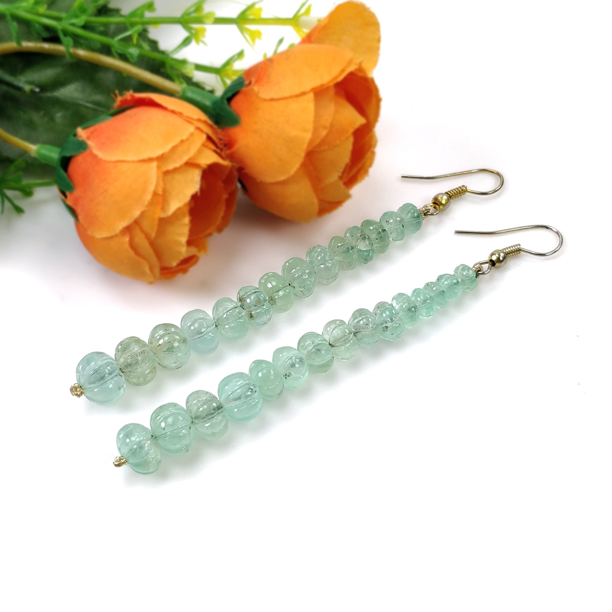 Natural Untreated Emerald Gemstone 925 Sterling Silver Beaded Hook Earrings - 50.10gms with 3.30ct Melon Beads | Elegant Jewelry for Women, Perfect for Weddings, Parties & Special Occasions