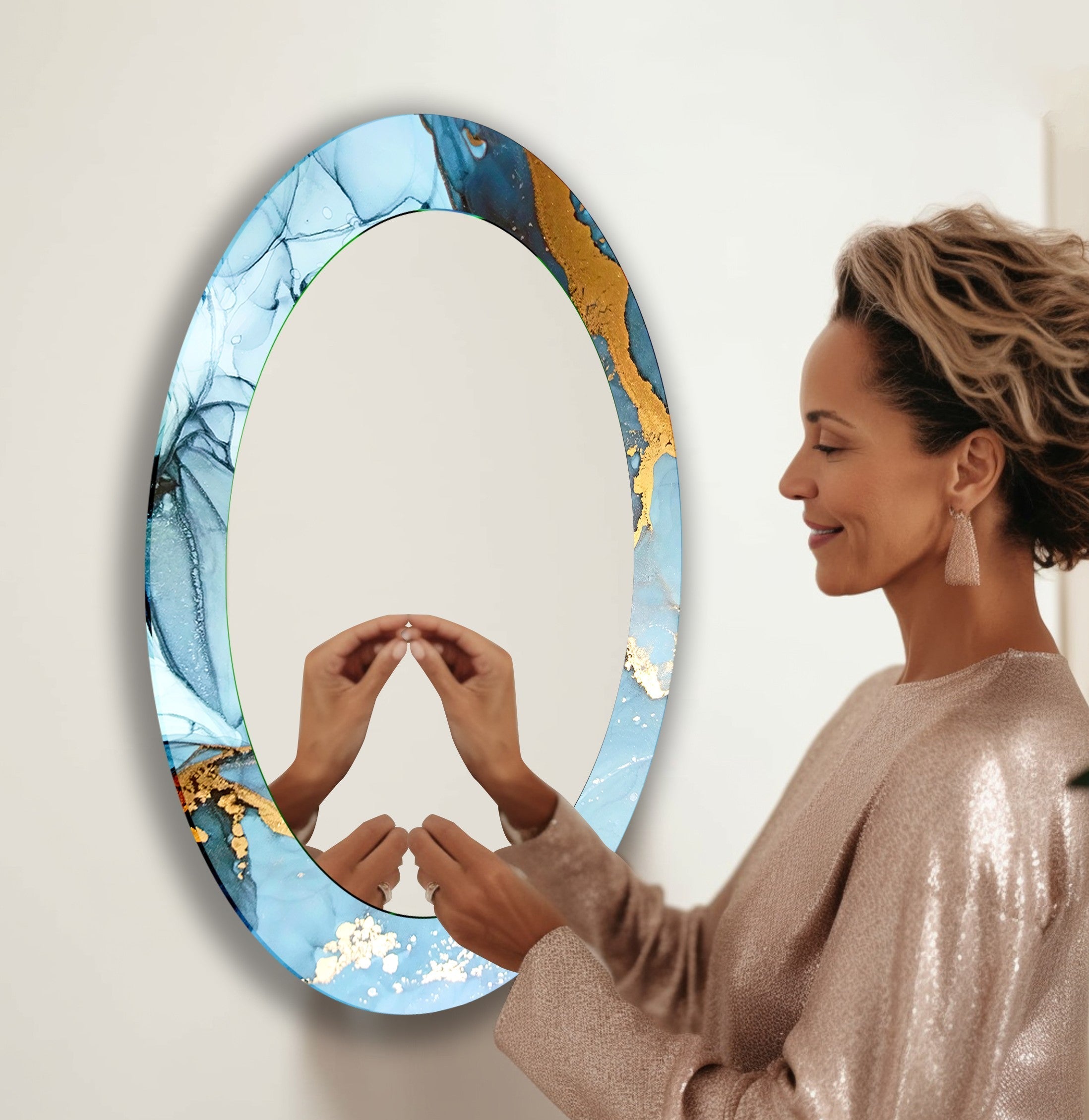 Stylish Blue Oval Wall Mirror - Elegant Home Decor for Living Room, Bedroom & Bathroom - Perfect for Vanity, Entryway & Interior Design