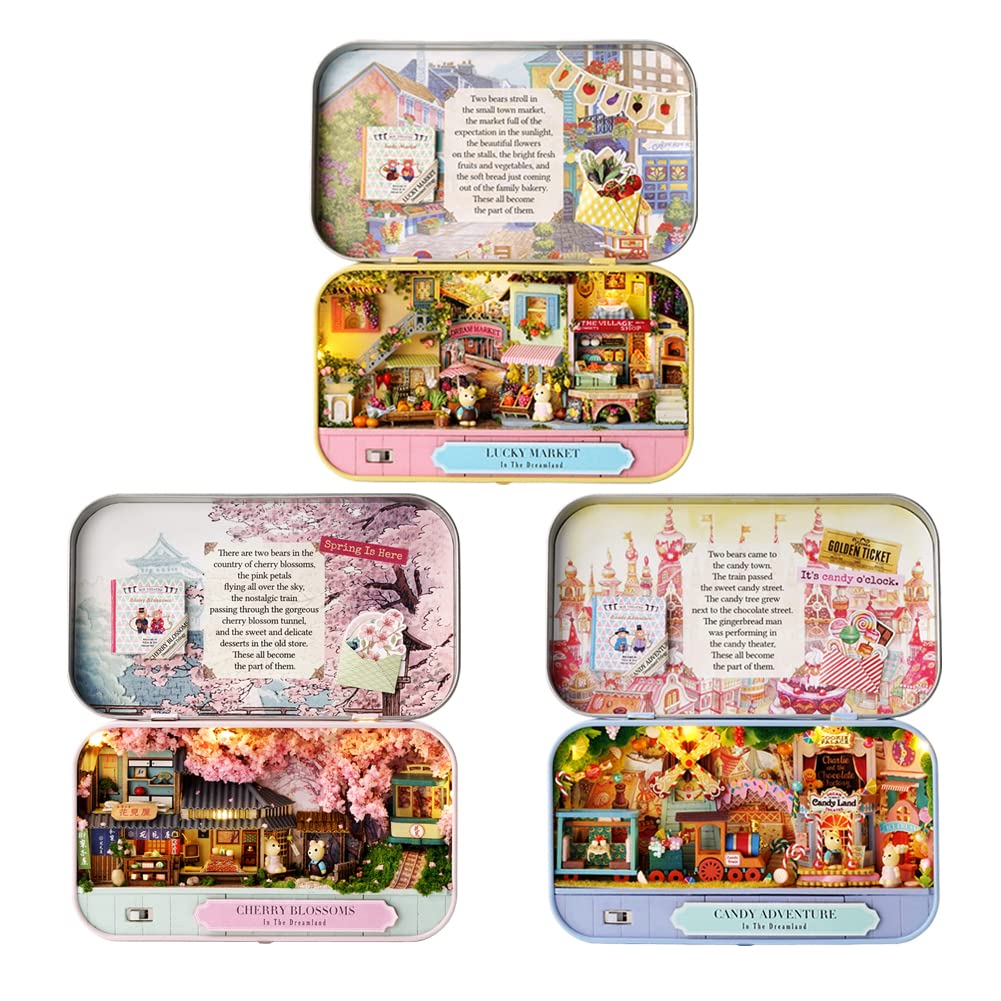 DIY Miniature Landscape Box Theater - Sakura Dreamland, Lucky Fair & Candy Adventure Miniature Dollhouse Kits | 3 Creative Small Iron Box Scene Sets for Home Decor, Gift Giving & Collectors | Perfect for Dollhouse Enthusiasts, Model Train Scenes & Tabletop Displays
