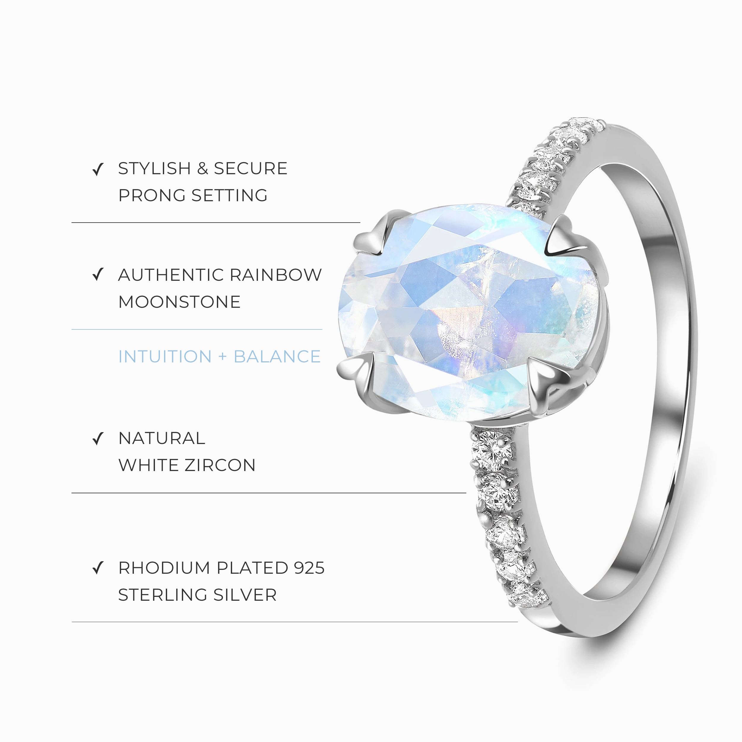 Moon Magic - Genuine Rainbow Moonstone, Ruby, Garnet, Rose Quartz, Obsidian, Amethyst & Opal Rings in 925 Sterling Silver & 18k Rose Gold - Women's Birthstone Jewelry for Everyday Wear, Gift Giving & Special Occasions