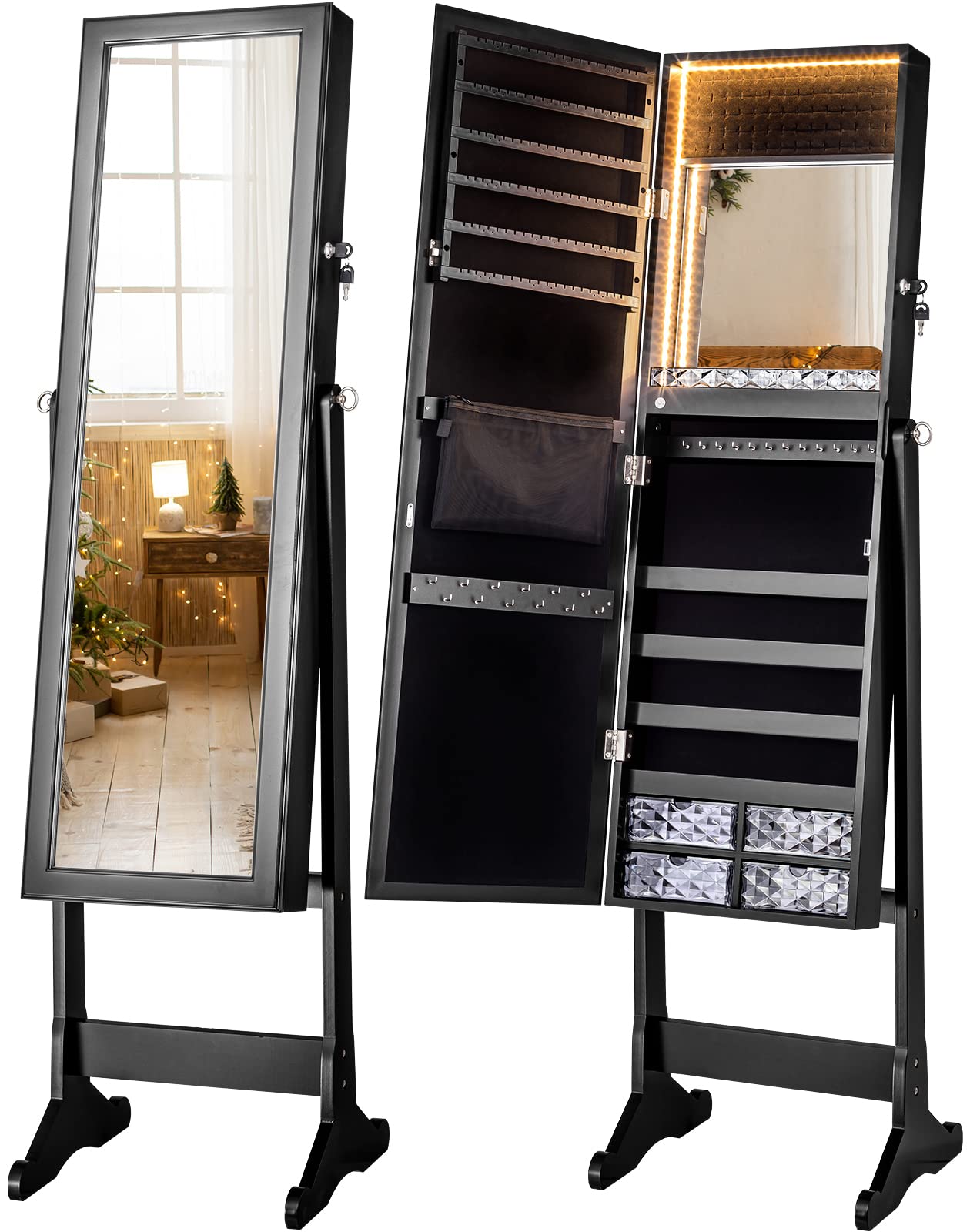 LUXFURNI LED Mirror Jewelry Cabinet Armoire - Freestanding Jewelry Storage Organizer with Full Length Mirror, Large Jewelry Storage with Built-in Lighted Mirror & Lock (Black) | Perfect for Bedroom, Dressing Room & Closet Organization