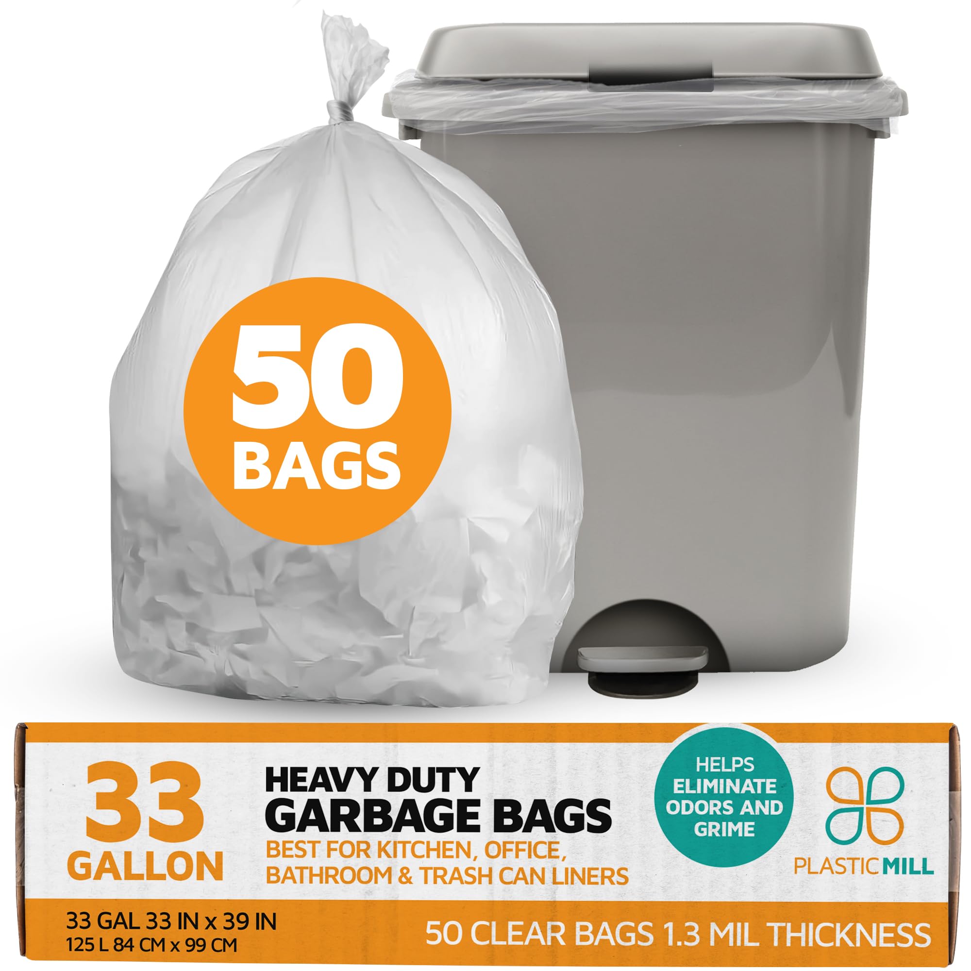 PlasticMill Heavy Duty 33-Gallon Clear Trash Bags - 1.3 Mil Thick Large Kitchen Garbage Bags, 33