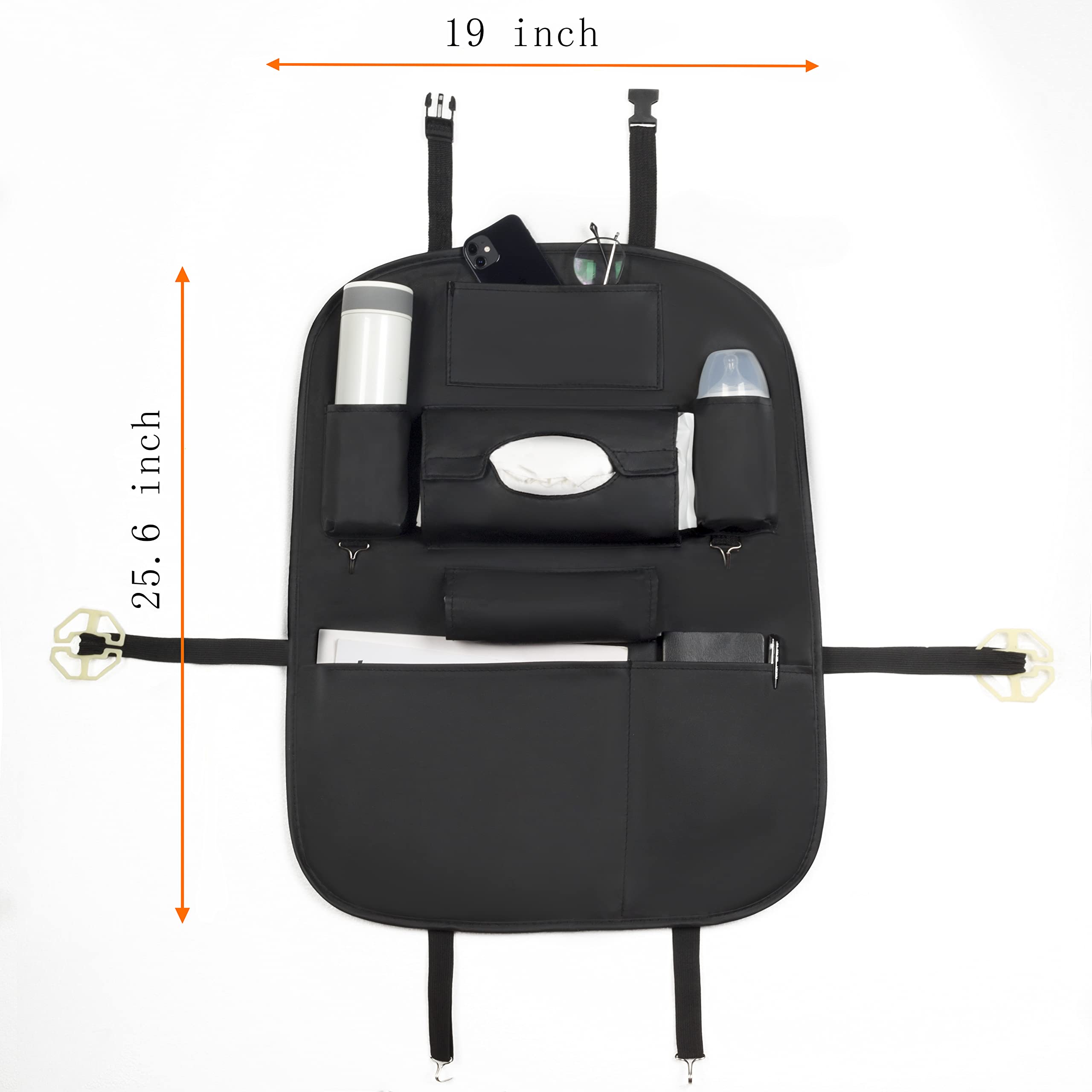 Premium PU Leather Car Backseat Organizer with Foldable Table - Multi-Pocket Storage, Adjustable Buckle Strap - Beige | Perfect for Road Trips, Family Travel & Kids Snack Organization