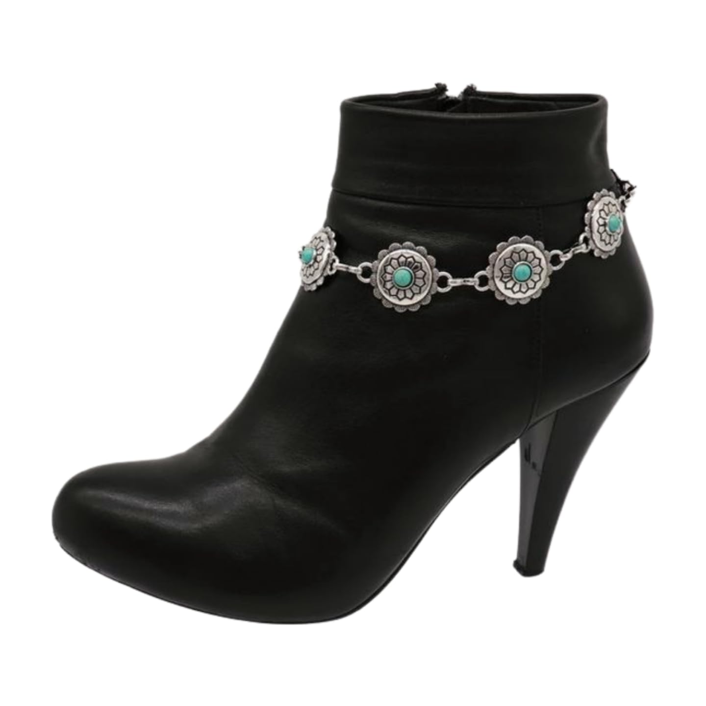 Trendy Western Boot Metal Chain Bracelet & Anklet for Women - Silver Turquoise Bead Charm Wrap Around Flower Jewelry - Perfect for Cowgirl Outfits, Country Concerts & Boho Fashion