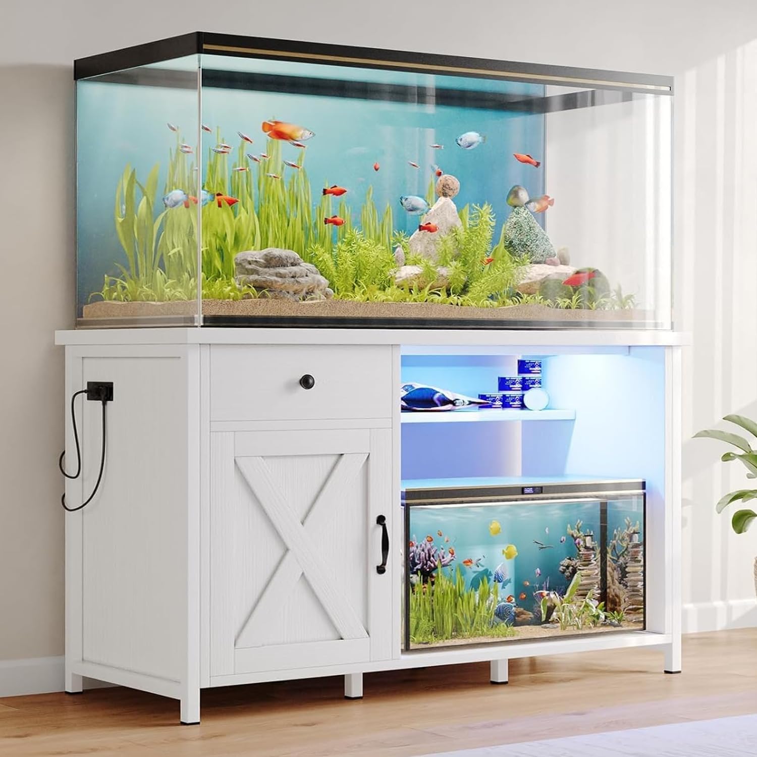 55-75 Gallon Aquarium Stand with Power Outlets & LED Light - Heavy Duty Metal Fish Tank Stand with Storage Drawer & Barn Door - White Turtle & Reptile Terrarium Cabinet - Perfect for Home, Office or Pet Store Display