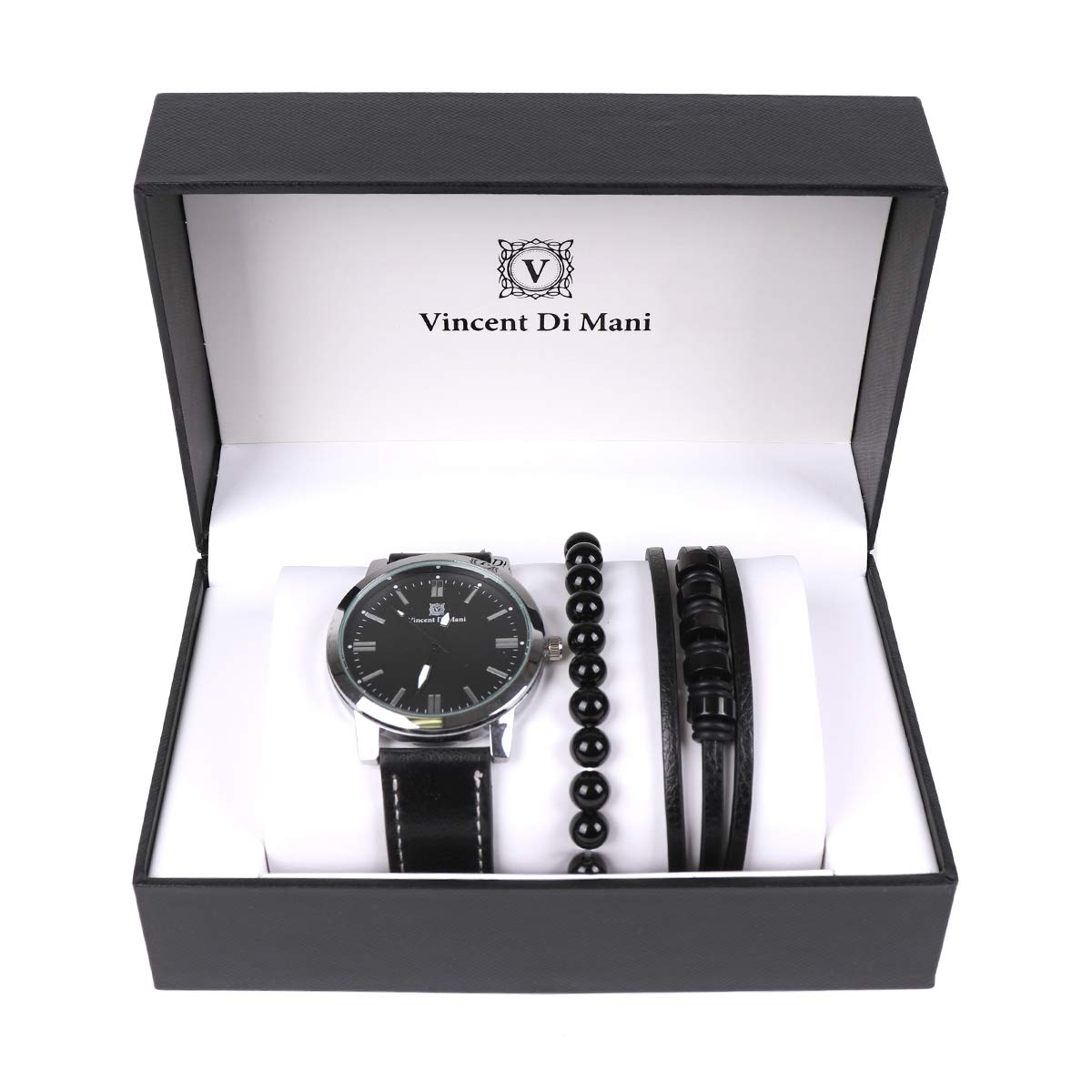 Men's Black Leather Watch & 2 Beaded Stone Bracelets Gift Set for Him - Perfect for Casual Wear, Date Nights and Special Occasions