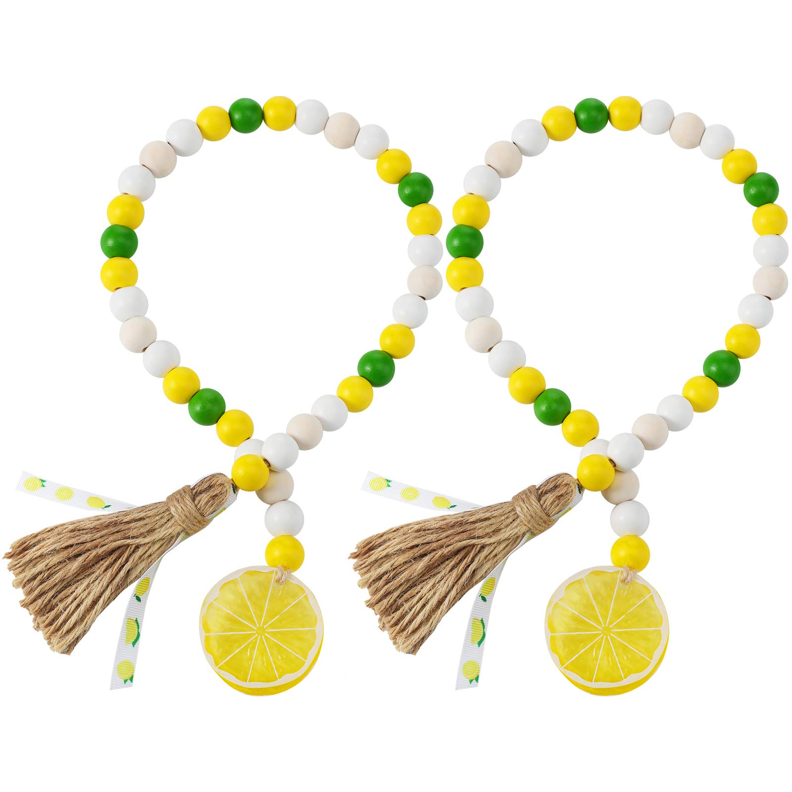 2 Pack Lemon Wood Bead Garland with Tassels - Farmhouse Rustic Lemonade Sign Summer Slice Tiered Tray Decor, Prayer Boho Wall Hanging for Holiday Home Decor (Classic Color) - Perfect for Kitchen, Living Room, Wedding & Party Decoration