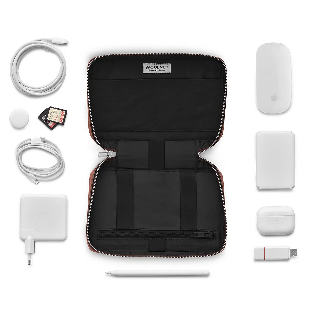 Premium WOOLNUT Genuine Leather Tech Organizer - Perfect for Laptop, Tablet & Phone Accessories Storage | Ideal for Office, Travel & Daily Commute
