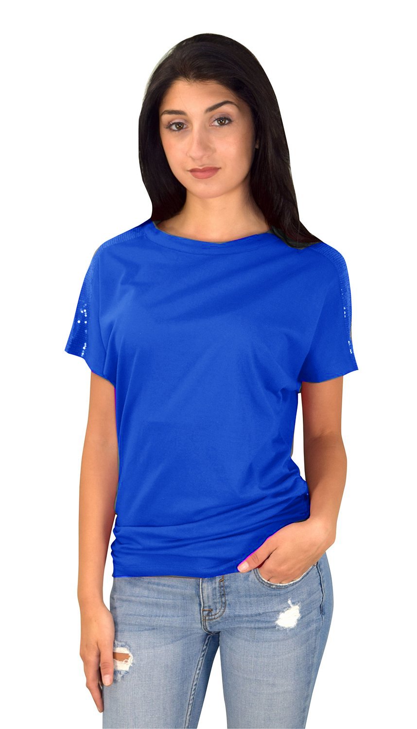 Women's Elegant Cotton Boat Neck Dolman Top with Shirring Drape & Sequin Shoulder Detail - Perfect for Casual Wear, Parties & Evening Outfits
