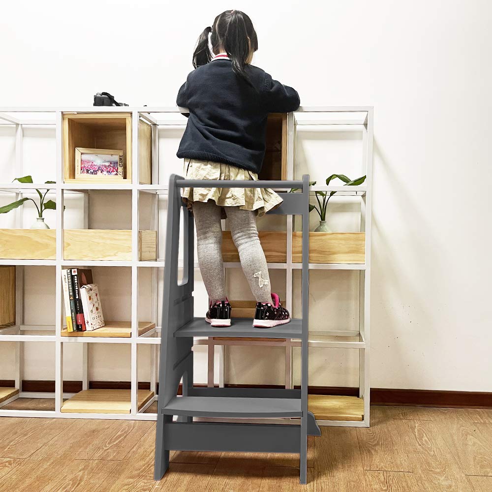 ZZBIQS Adjustable Wooden Kitchen Helper Tower for Toddlers - Safe Learning Step Stool for Kids Counter Access - Montessori Toddler Standing Tower (Grey) - Perfect for Baking, Cooking & Kitchen Learning Activities