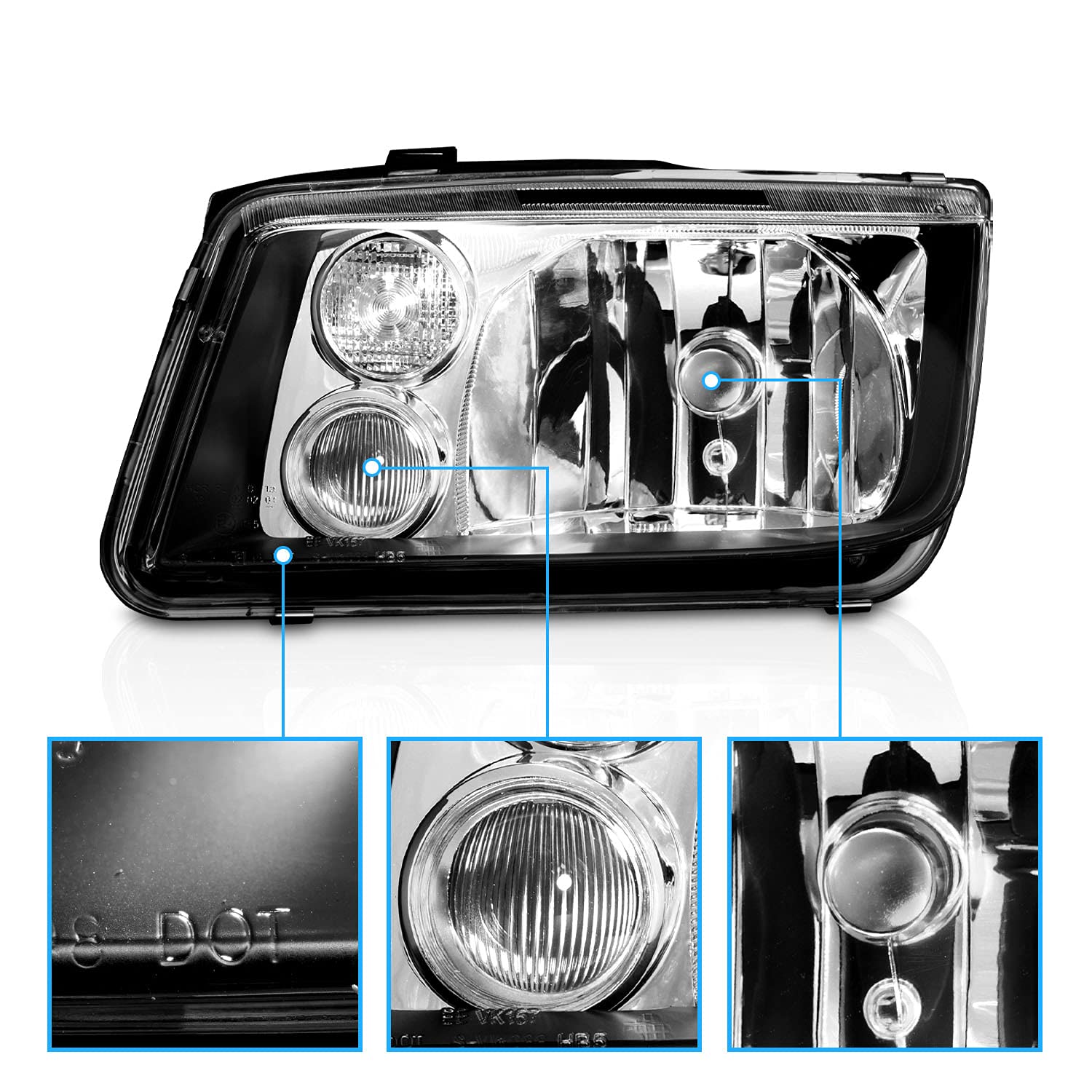 AmeriLite Black Housing Headlights & Fog Lights Pair for 1999-2005 Volkswagen Jetta - Driver & Passenger Side - Upgrade Your Night Driving Visibility