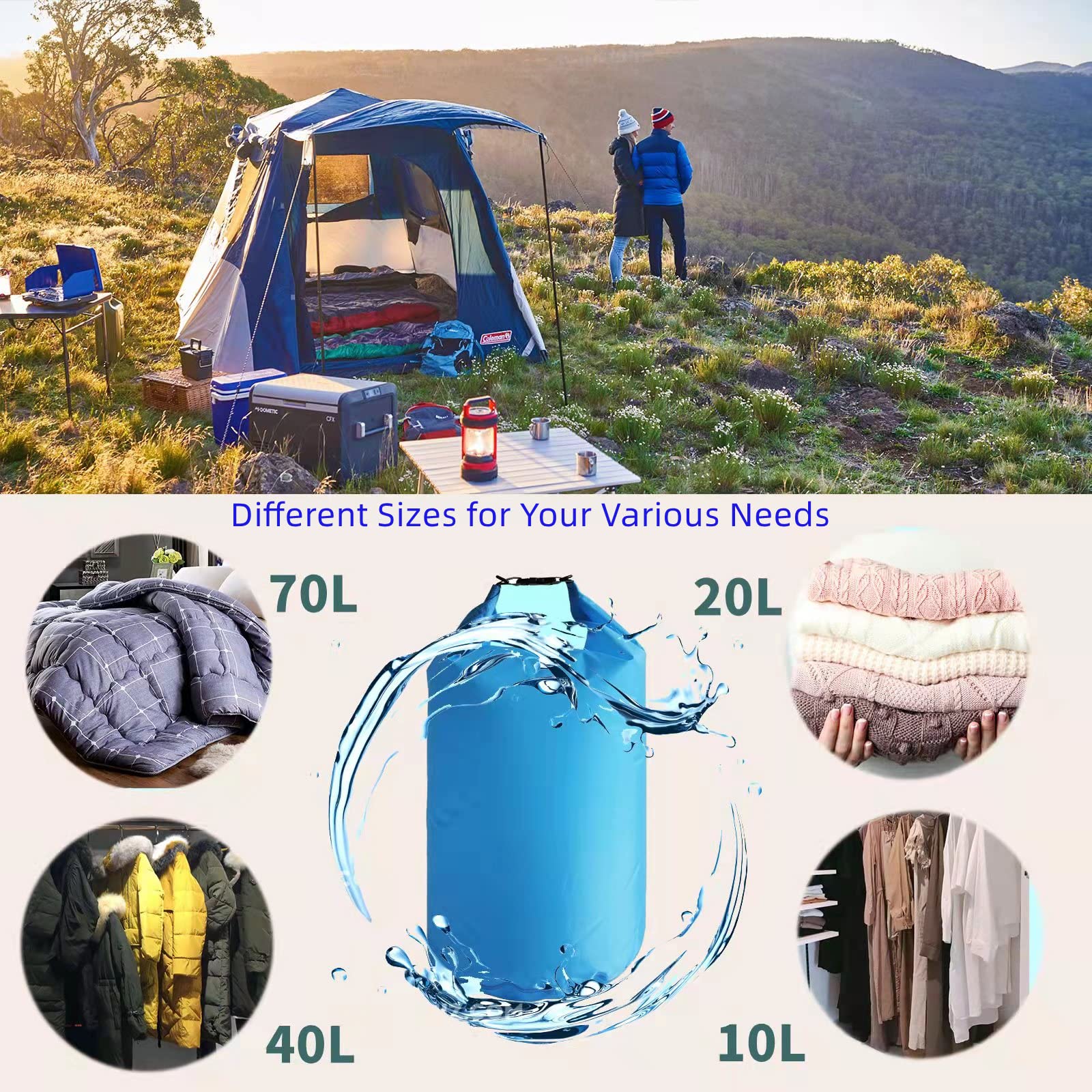70L Waterproof Dry Bag - Lightweight Canoe & Kayak Storage Sack for Rafting, Boating, Hiking, Camping, Travel, Fishing & Swimming | Blue | Keeps Gear Dry in Wet Conditions
