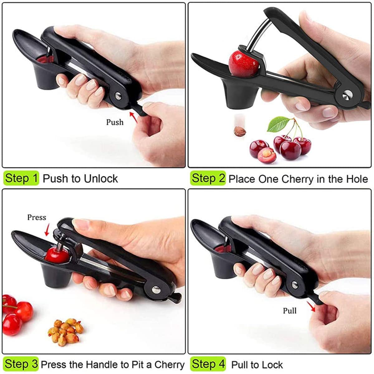 2-Pack Cherry Pitter Tool - Stainless Steel Cherry Pit Remover & Multi-Functional Fruit Corer for Cherries, Olives, Plums - Perfect for Jam Making, Baking and Canning (Black)