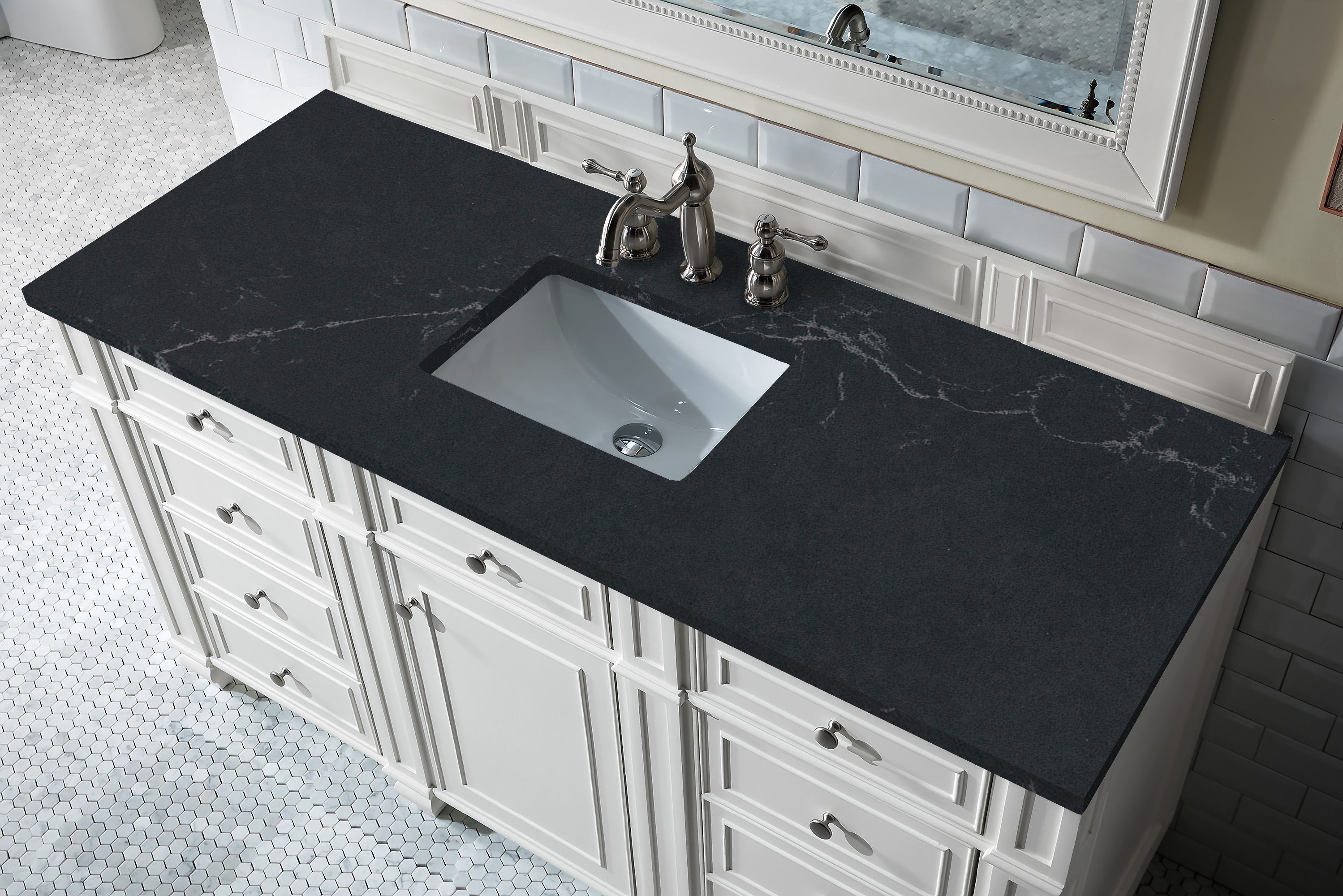 Bristol 60 Inch Single Bathroom Vanity Set with 3CM Charcoal Soapstone Quartz Countertop in Bright White - Perfect for Modern Master Bathrooms and Powder Rooms