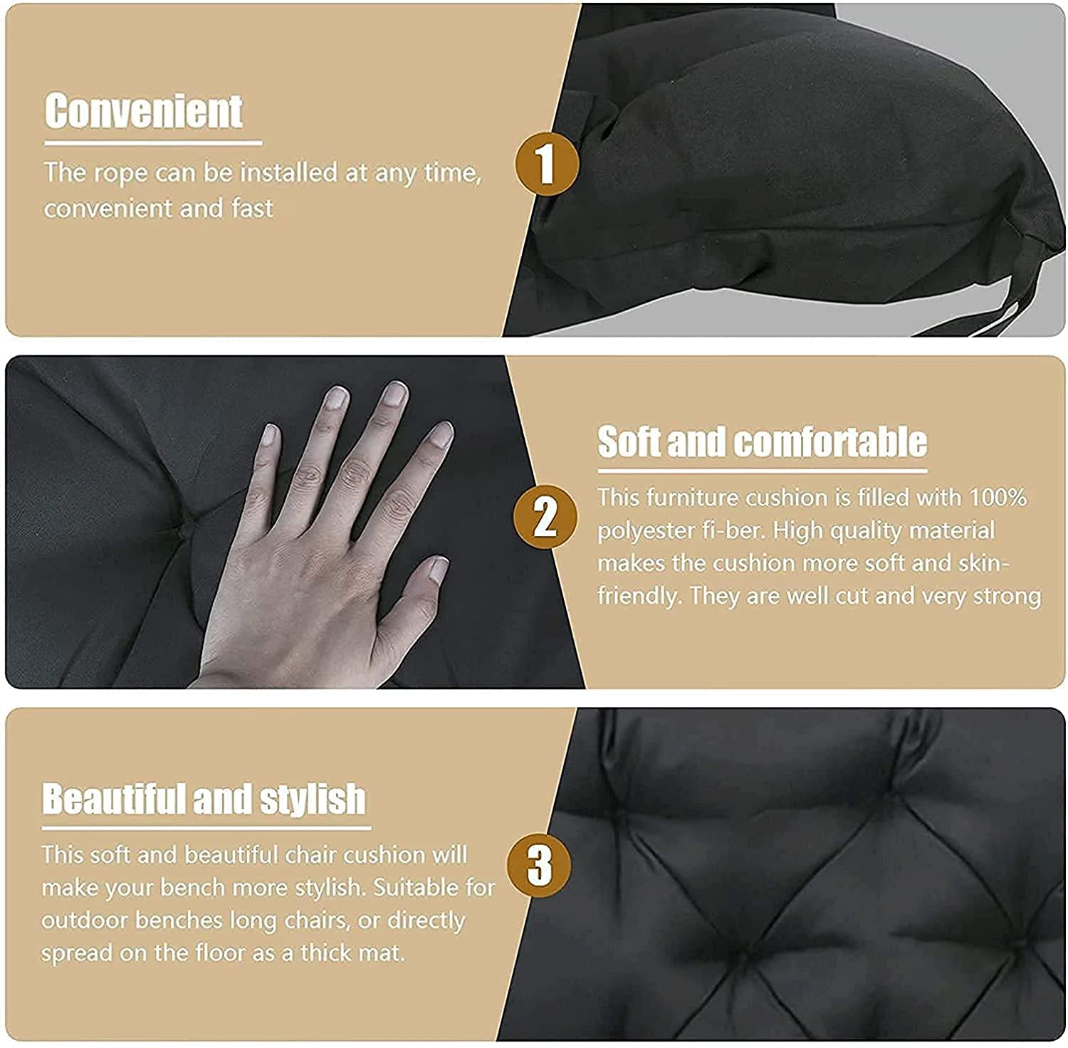 Outdoor/Indoor Bench Cushion with Backrest - 2 or 3 Seater Garden Swing Chair Cushion Set - Thick Comfortable Replacement Seat Pads for Patio Furniture (Black, 59.06x39.37 Inches) - Perfect for Lounging, Relaxing in Backyard or Sunroom