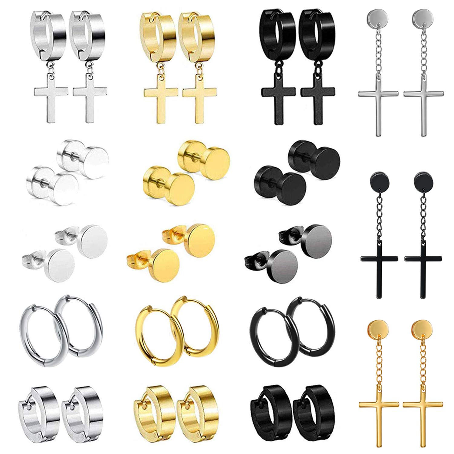 18 Pairs Stainless Steel Huggie Hoop & Dangle Earrings Set for Women & Men - Unisex Fake Earrings with Cross Design, Tunnel Studs - Perfect for Gifts, Parties, and Everyday Wear