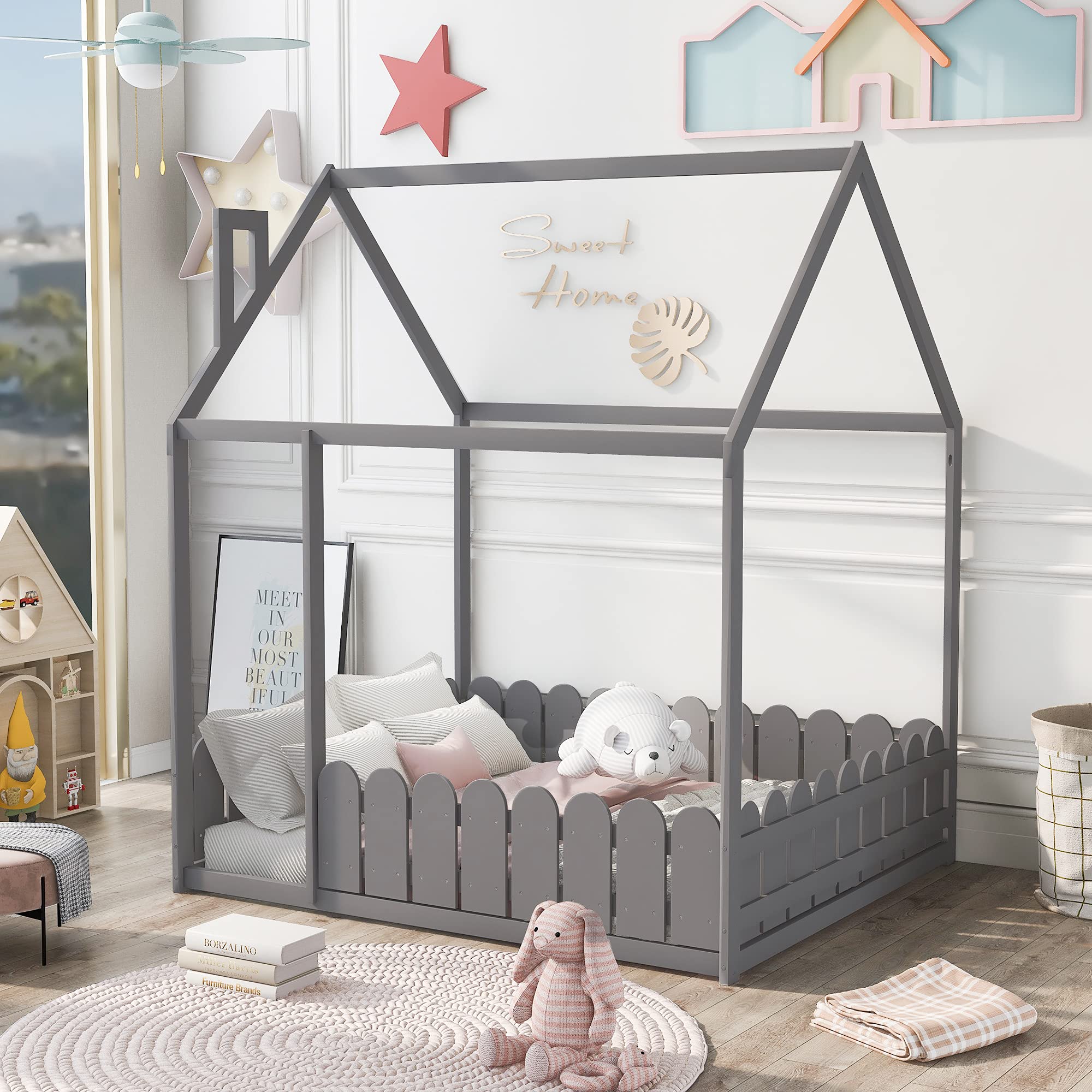 **Quarte House Full Size Wood Floor Bed Frame for Kids - Sturdy Cabin Bed with Roof & Fence, High Weight Capacity, Gray - Perfect for Playrooms, Bedrooms & Montessori Spaces**