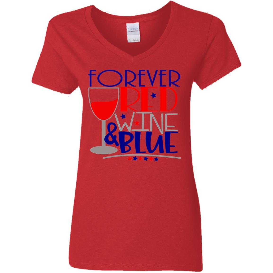 WineyBitches.Co Forever Red Wine & Blue Ladies' 5.3 oz V-Neck T-Shirt | Comfortable Casual Tee for Women | Perfect for Wine Tasting, Girls Night Out & Patriotic Events