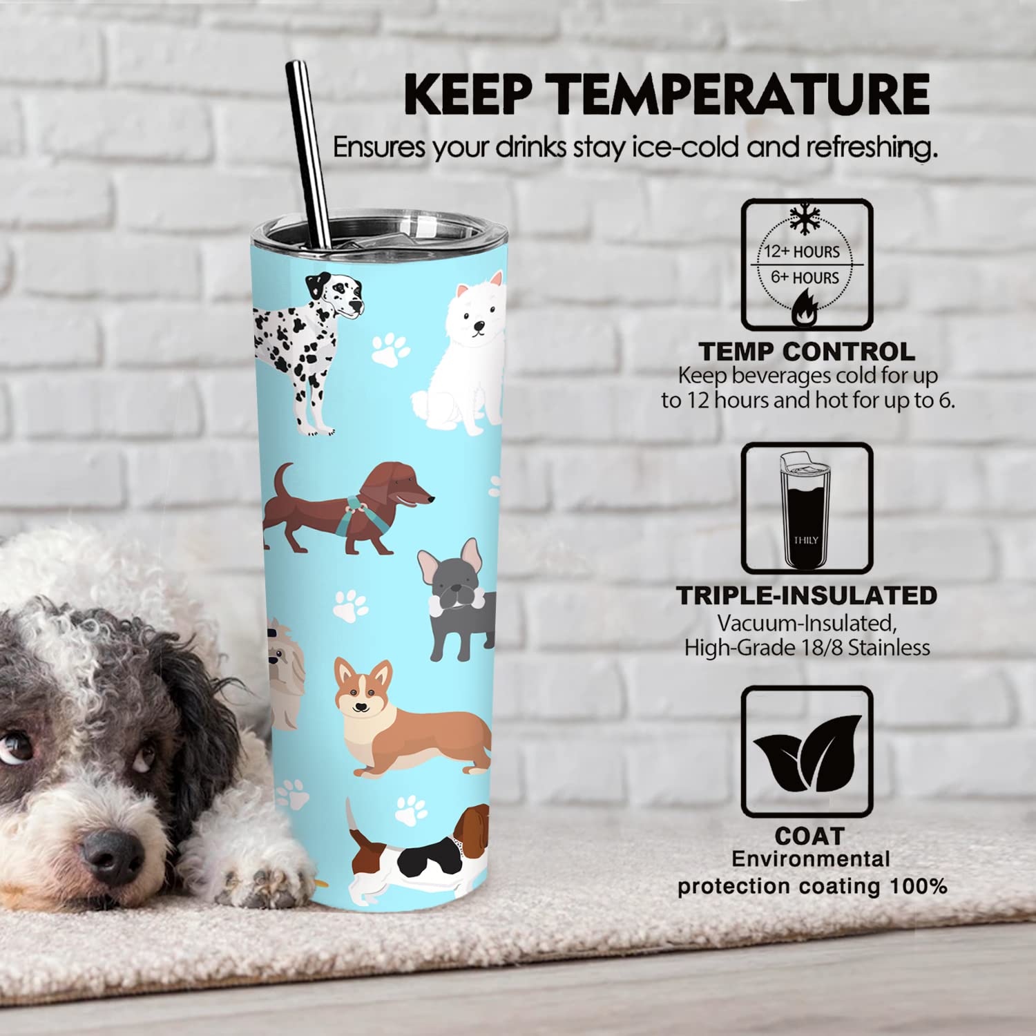 20oz Stainless Steel Dog Tumbler with Lid & Straw - Paw Print Design Travel Mug for Coffee & Tea - Perfect Gift for Dog Lovers & Women (Ideal for Travel, Office, Hiking & Outdoor Adventures)
