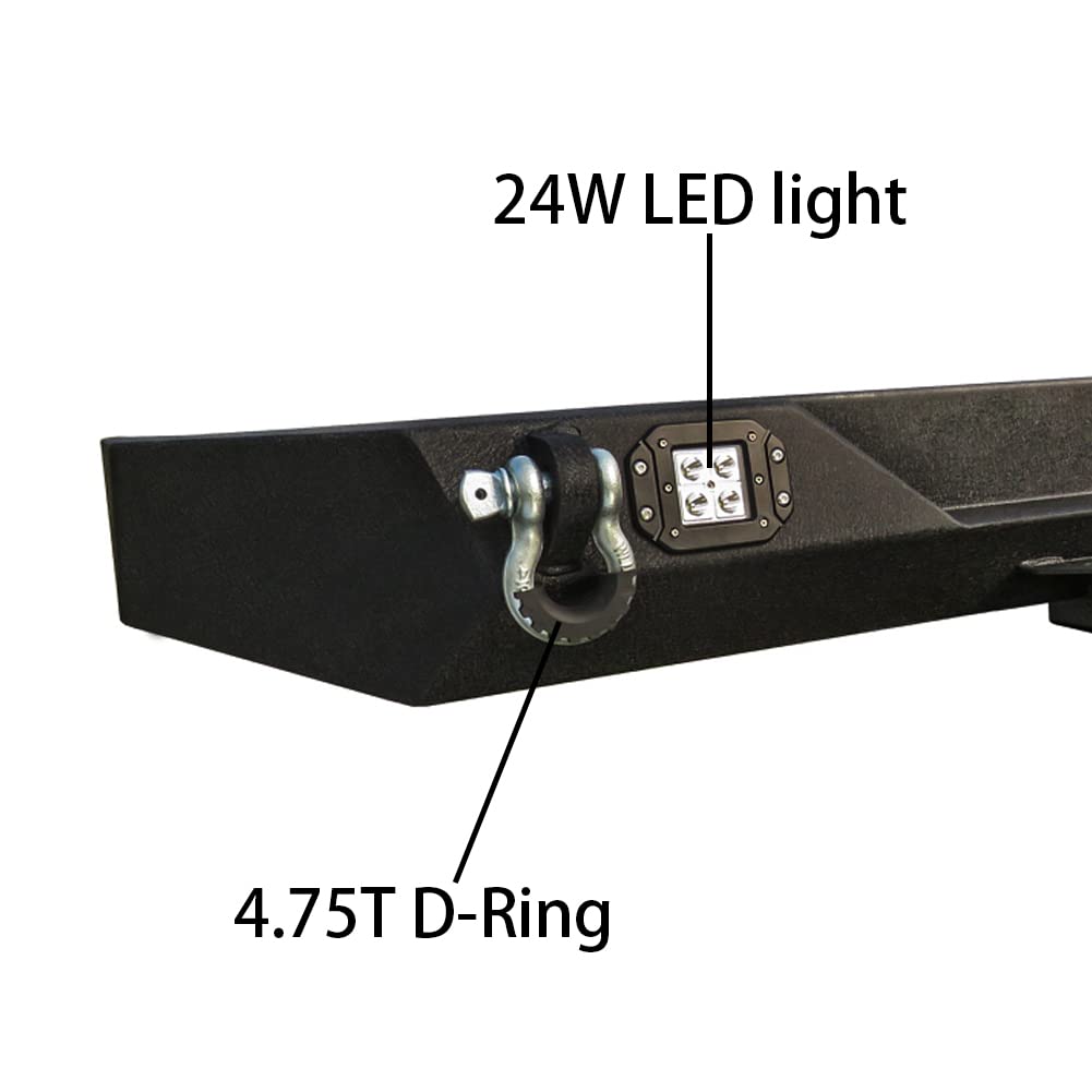 Wrangler Rear Bumper for 87-06 Jeep Wrangler TJ & YJ - Heavy Duty Winch Plate, 2x24W LED Lights & 2.75T D-Rings | Off-Road Adventure & Truck Protection Accessory