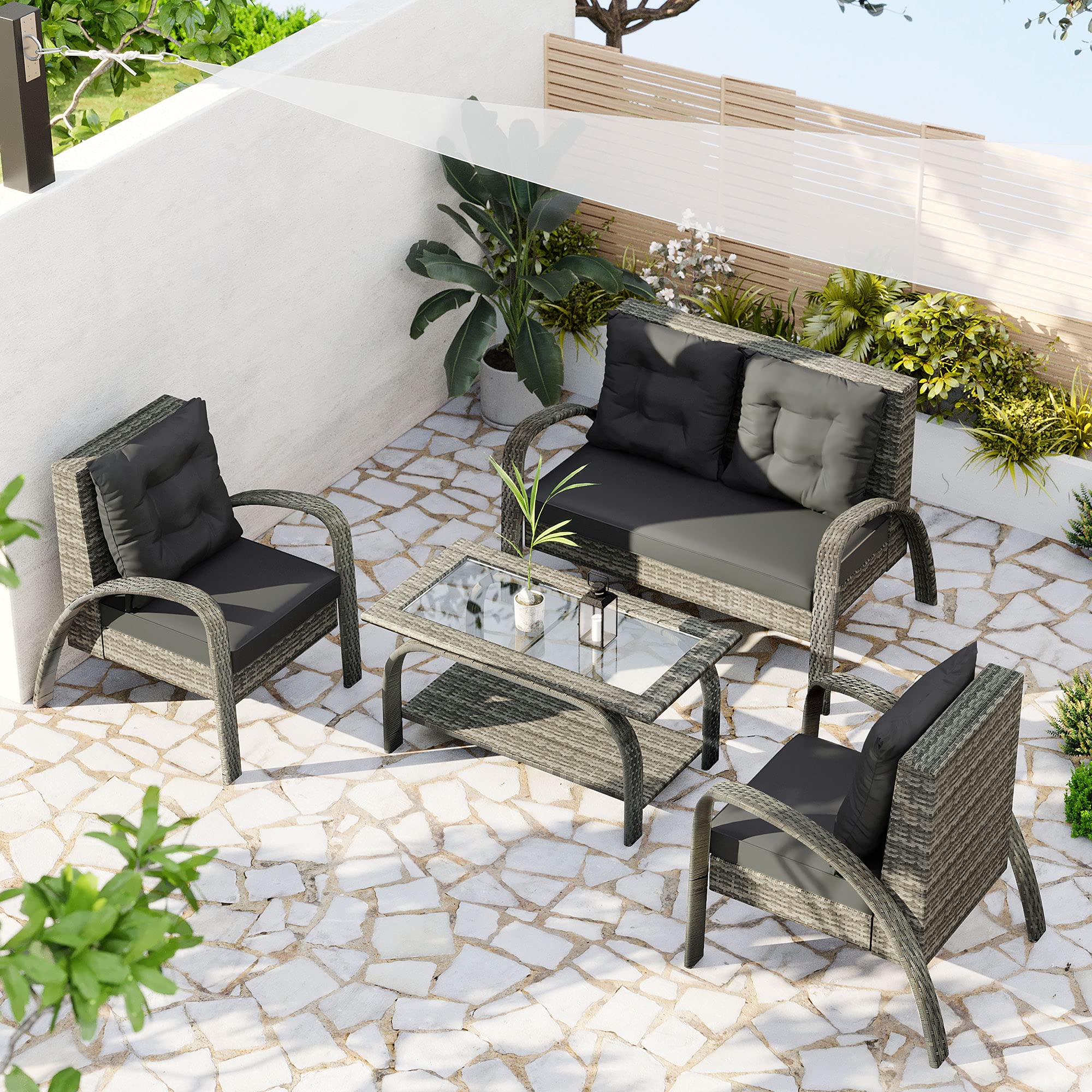 4-Piece Outdoor Patio Conversation Set - All-Weather Wicker Sectional Sofa with Tempered Glass Coffee Table & Gray Cushions for Backyard, Garden or Poolside Relaxation