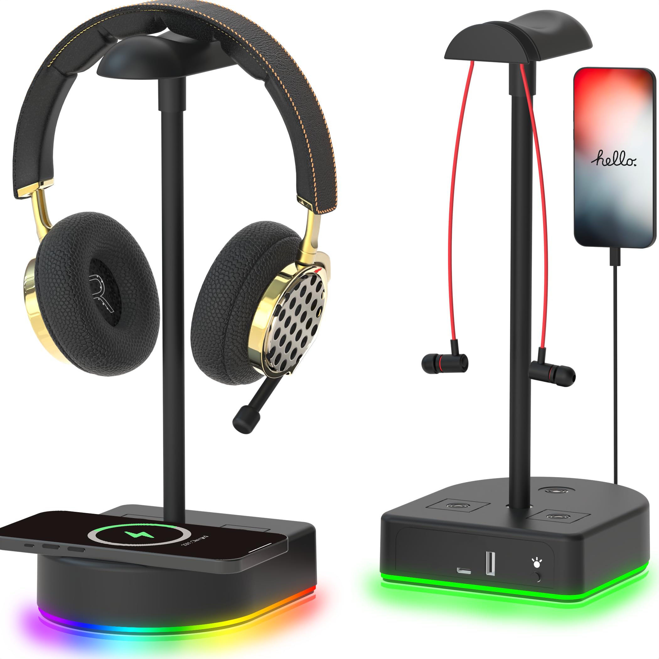 Premium RGB Gaming Headphone Stand with 15W Fast Wireless Charger & USB Port - Qi-Certified Headset Holder for Desk, PC Setup - Perfect for Gamers, Streamers & Office Use (Black)