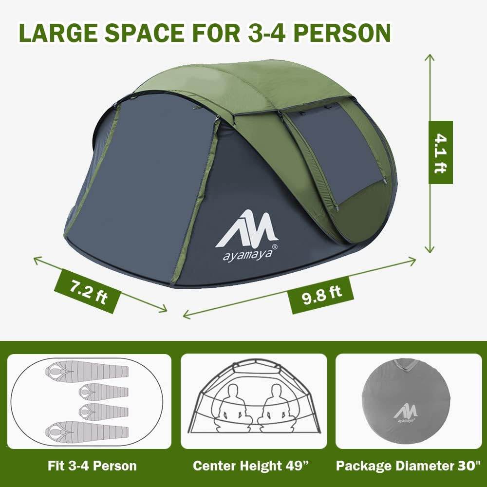 4-Person Pop Up Tent with Rechargeable Waterproof Camping Fan & LED Lights - Remote Control for Outdoor Adventures, Backpacking, and Family Camping Trips