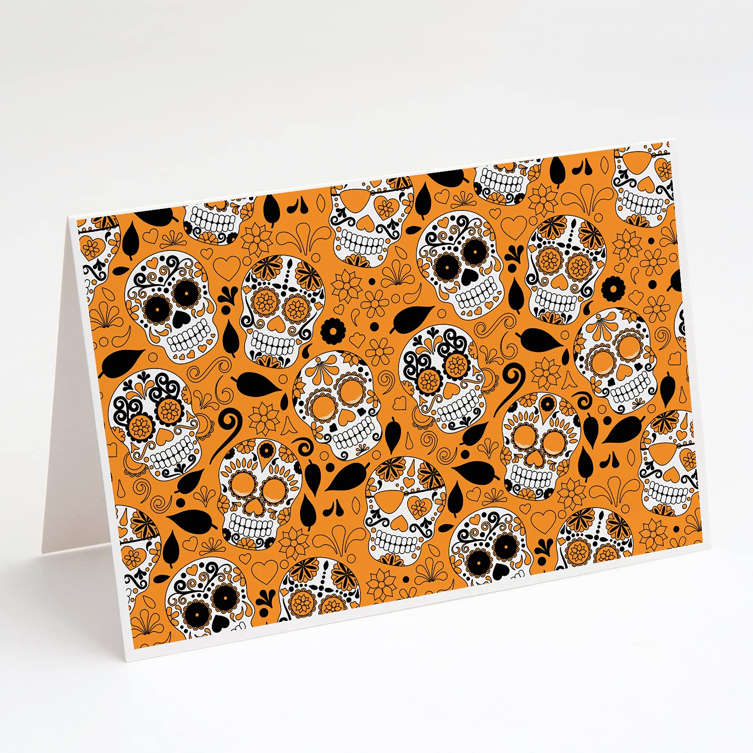 Day of The Dead Orange Greeting Cards - Pack of 8 Blank A7 Size (5x7) Note Cards with Envelopes | Whimsical Mexican Sugar Skull Design | Perfect for Halloween, Dia de los Muertos Celebrations & Handwritten Notes