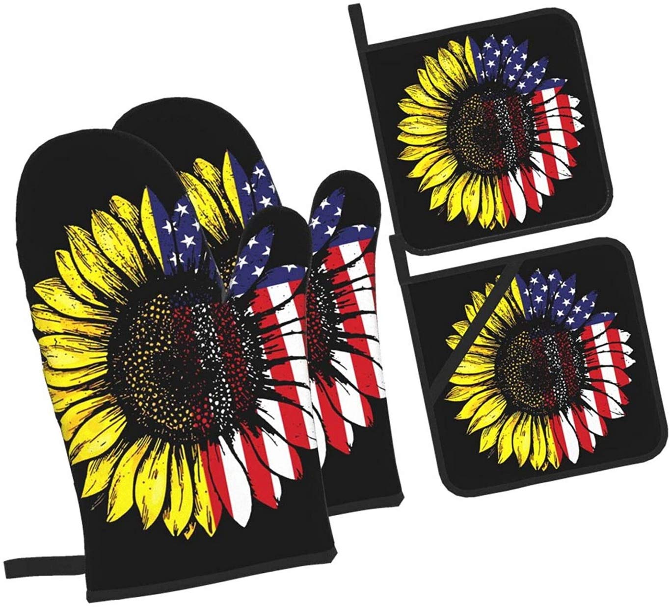 QIANKUI 4-Piece Sunflower Oven Mitts & Potholders Set - Heat Resistant Kitchen Gloves & Pot Holders for Baking, BBQ, Cooking - Perfect for Grilling, Roasting & Handling Hot Dishes