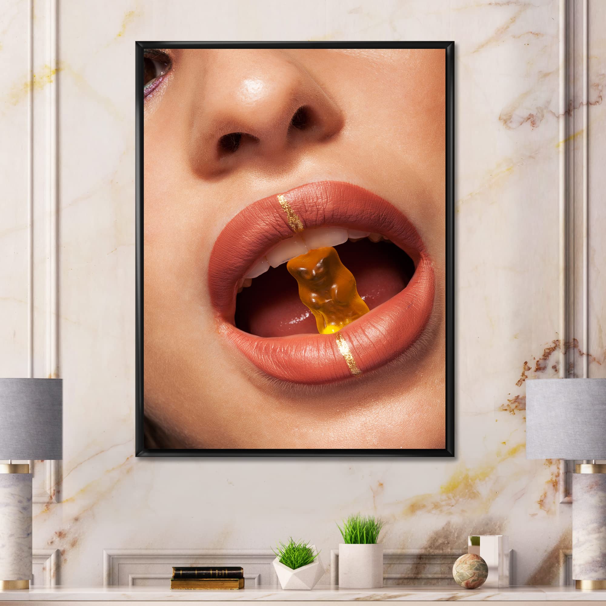 Modern Framed Canvas Wall Art Print - Close Up View of Woman Biting Gummy Bear - Perfect for Living Room, Bedroom & Office Decor