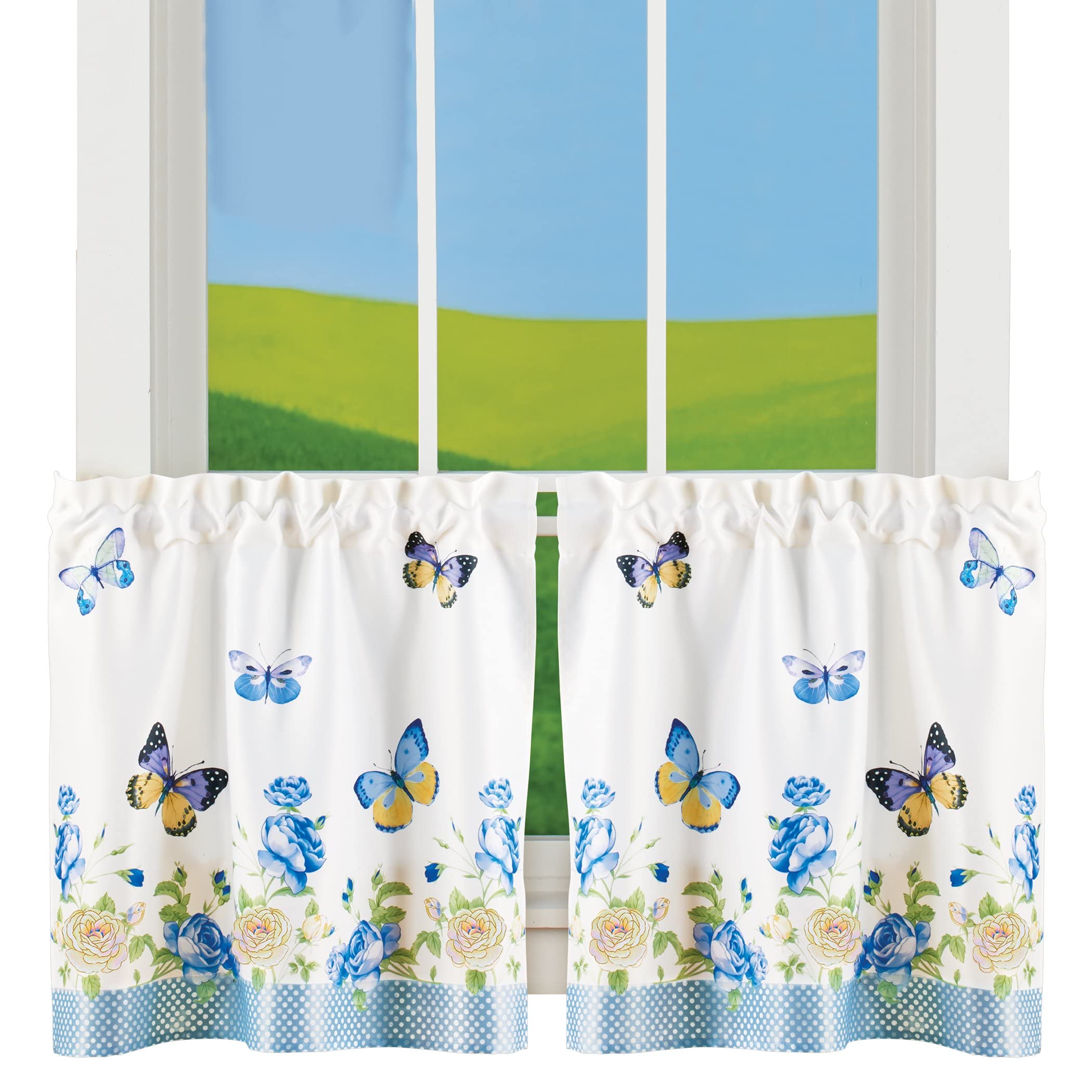 Blue & Ivory Floral Rose Butterfly Window Curtains - Elegant Home Decor for Living Room, Bedroom & Kitchen - Light Filtering Sheer Drapes with Floral Pattern