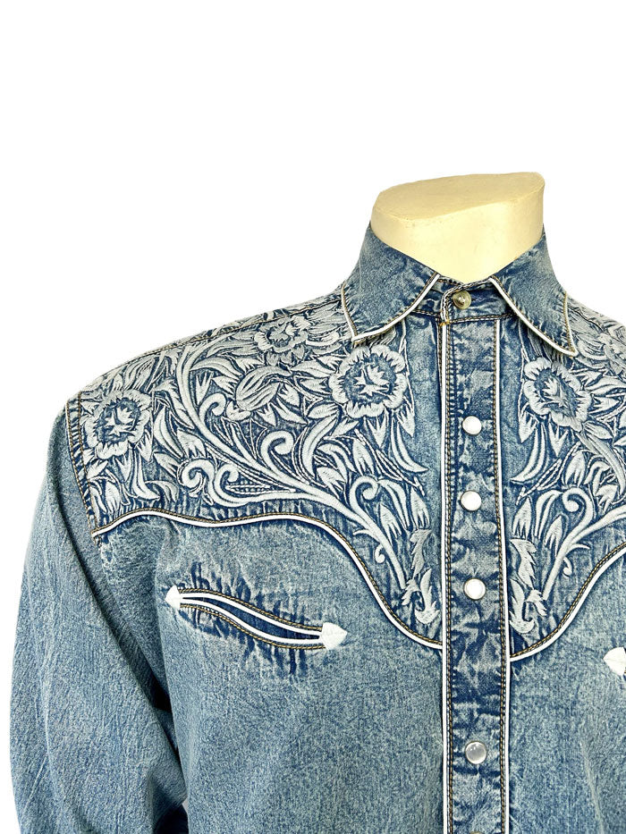 Rockmount 6859 DBLU Vintage Tooling Embroidered Western Shirt for Men - Denim Blue Western Wear for Rodeo, Country Music & Casual Outfits