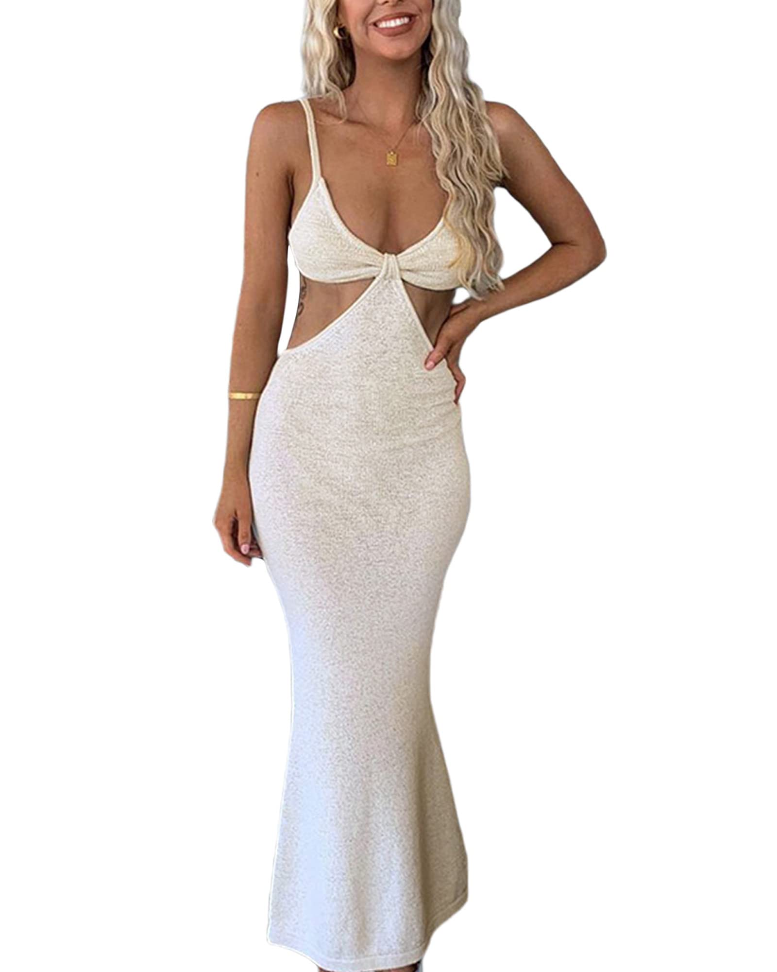Sexy Women's Knitted Cut-Out Dress with Spaghetti Straps - V-Neck Backless Long Maxi Dress for Club, Party & Y2K Streetwear | Perfect for Night Out, Date Night & Summer Festivals