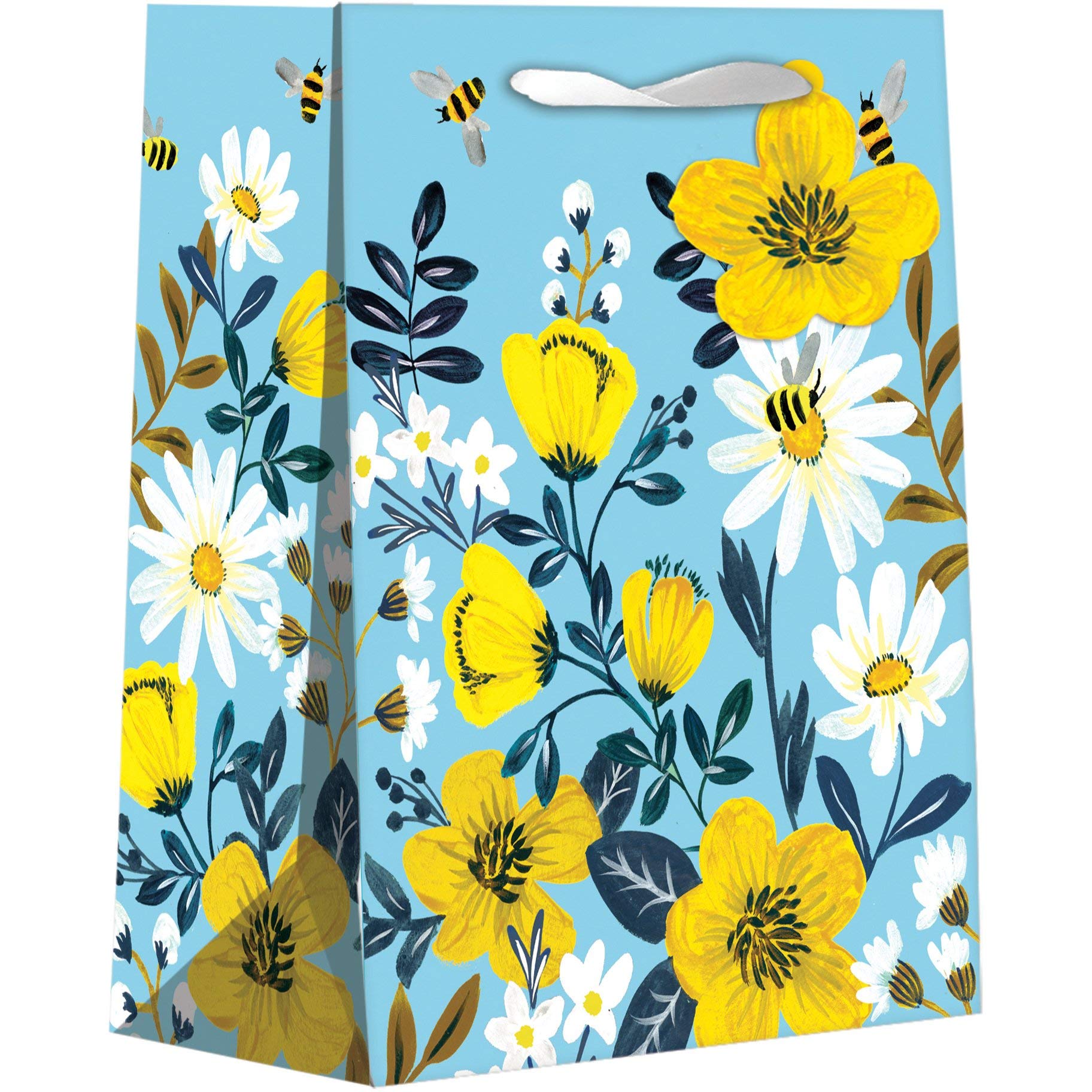 Jillson Roberts Small Floral Gift Bags with Bumble Bees & Daisies - 12 Pack Glitter Accented Party Favor Bags for Baby Showers, Birthday Parties & Wedding Favors