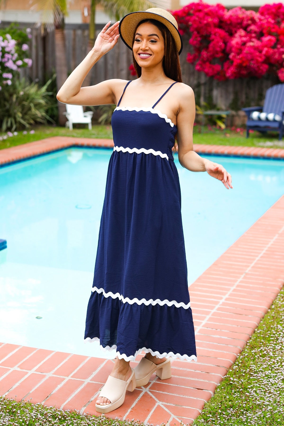 Bold & Sassy Navy Blue Square Neck Maxi Dress with Ric Rac Trim & Adjustable Straps - Perfect for Summer Beach Vacations, Date Nights & Boho Chic Outfits