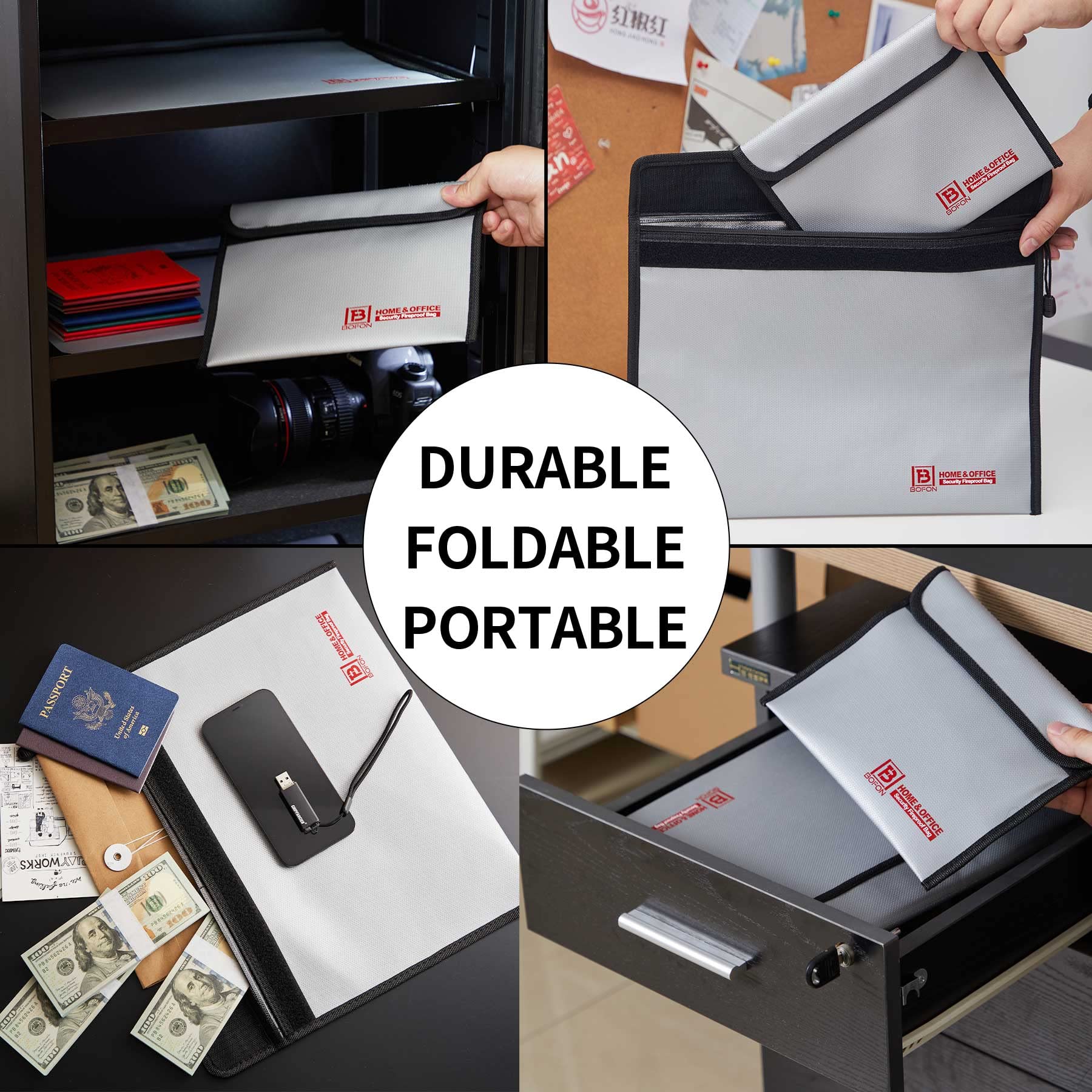 BOFON 15”x11” Fireproof Document Bag - Waterproof & Fireproof Money Bag with Zipper for Valuables, Cash, Jewelry, Files & Tablets - Ideal for Home, Office & Travel Safety Storage