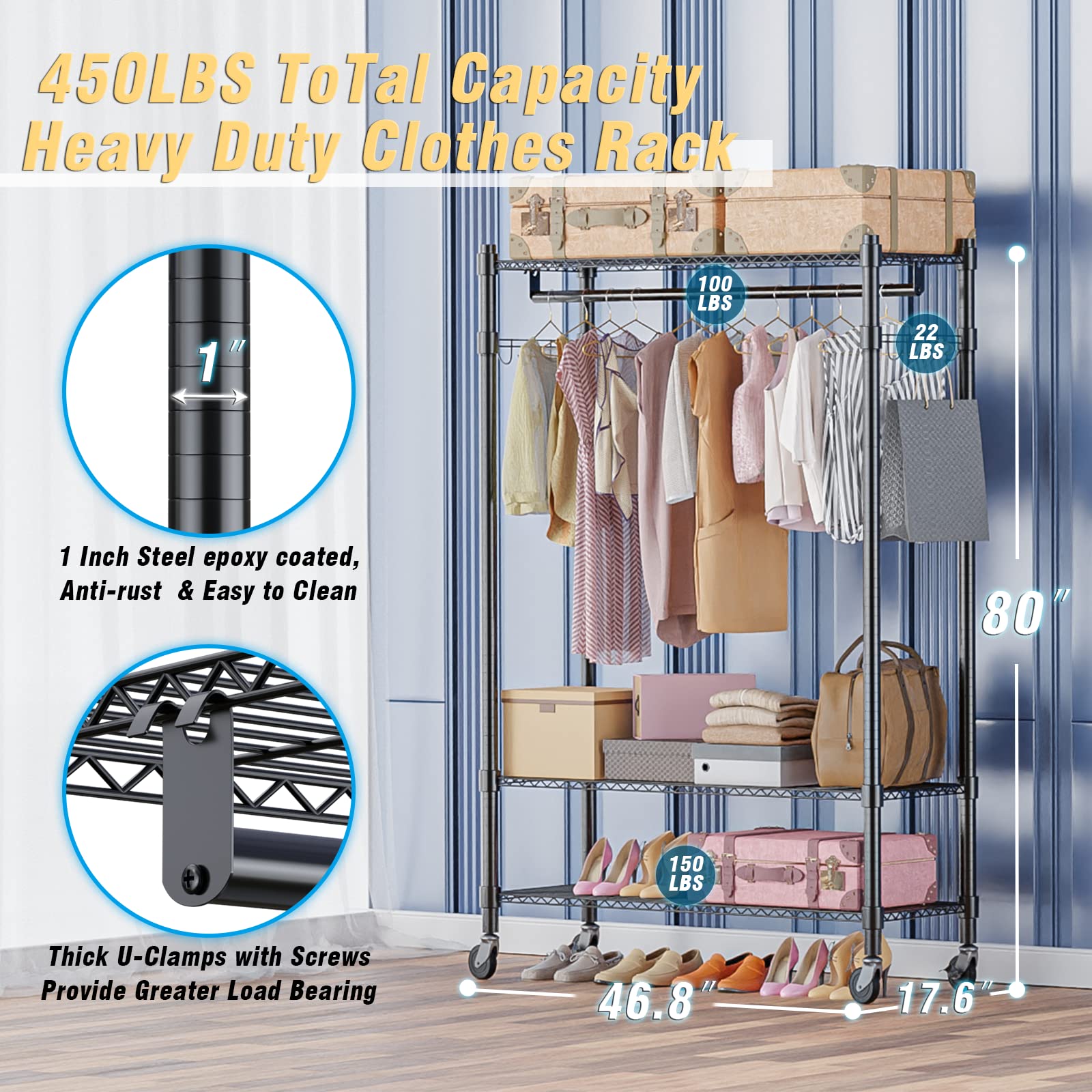 Homdox Heavy Duty Rolling Garment Rack with Double Rod & Shelves - 450 LBS Capacity Lockable Wheels & Hanging Hooks | Portable Free Standing Wardrobe Storage for Closet Organization, Bedroom, Laundry Room or Retail Store Display