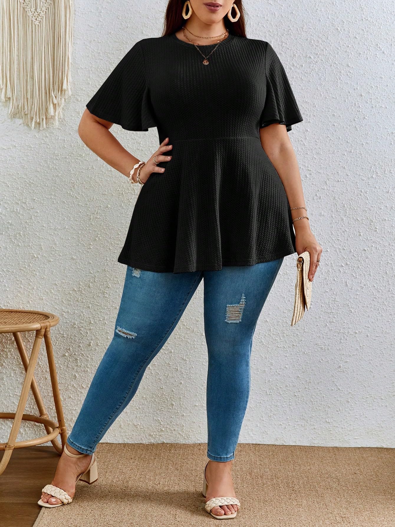OYOANGLE Women's Plus Size Short Sleeve Peplum Blouse - Waffle Knit Flared Round Neck Tops for Casual Wear & Office Outfits