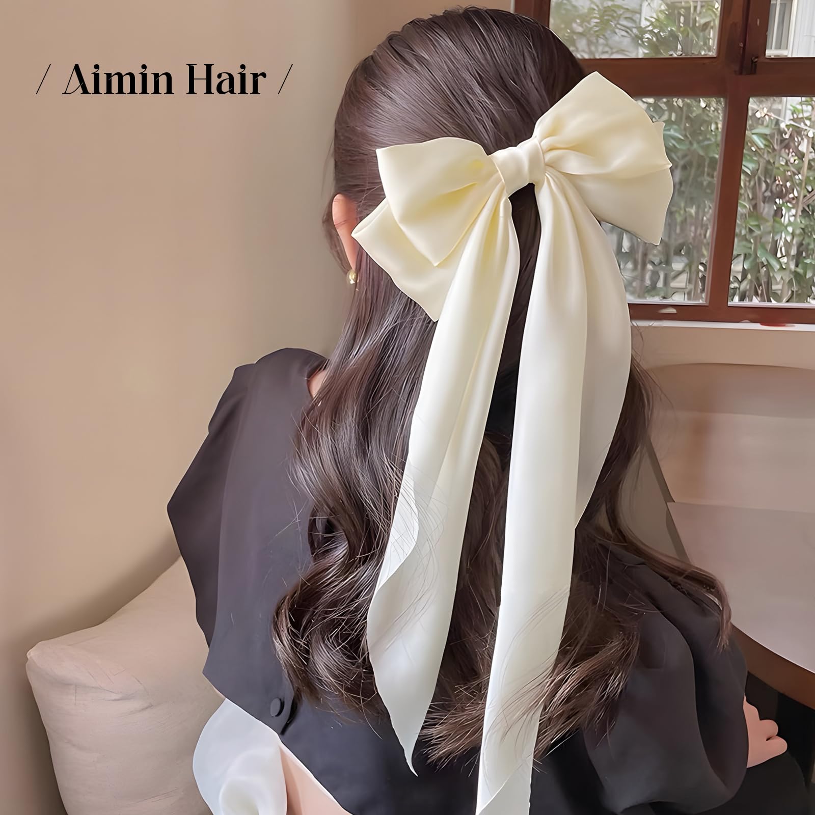 4PCS Silky Satin Hair Bows - Oversized Ponytail Ribbon Clips with Long Tail & Metal Slides - Hair Accessories Gift Set for Women, Girls & Kids (Black, White, Pink, Beige) - Perfect for Parties, Weddings, School & Daily Fashion