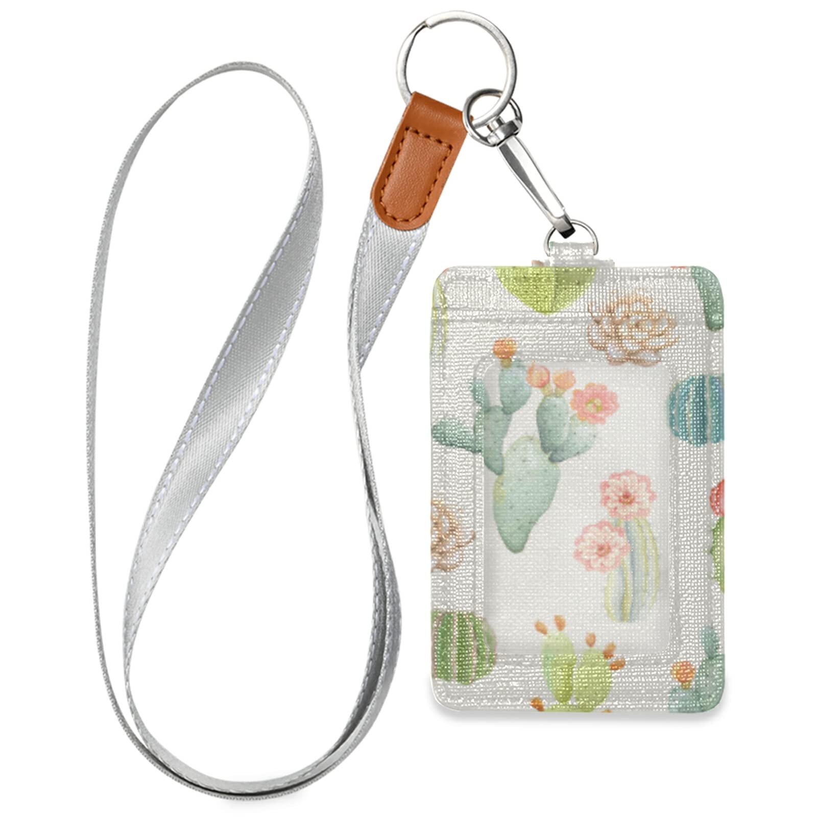 Cute Cactus ID Badge Holder with Lanyard - Vertical Leather Name Tag for Office & School Staff