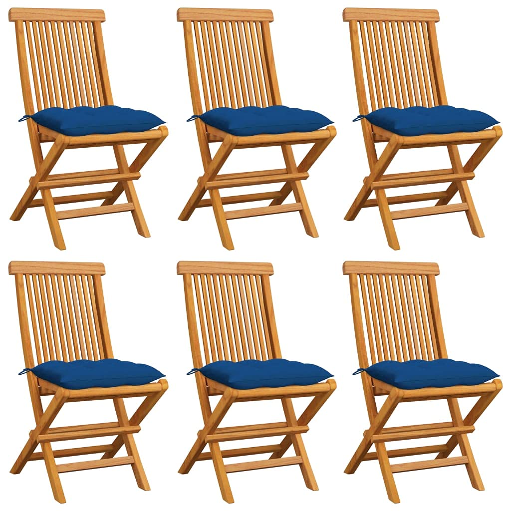 CHARMMA 6-Piece Teak Wood Patio Chairs Set with Blue Cushions - Outdoor Dining, Poolside Lounging & Garden Furniture for Backyard Relaxation