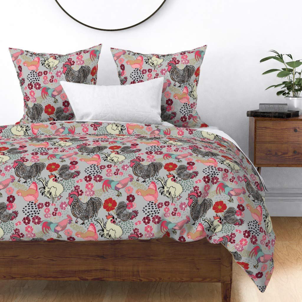 Premium Spoonflower Cotton Sateen Duvet Cover King/California King - Rooster Parade Barnyard Chicken Farm Bird Floral Print in Pink | Custom Farmhouse Bedding for Rustic & Country Style Bedrooms