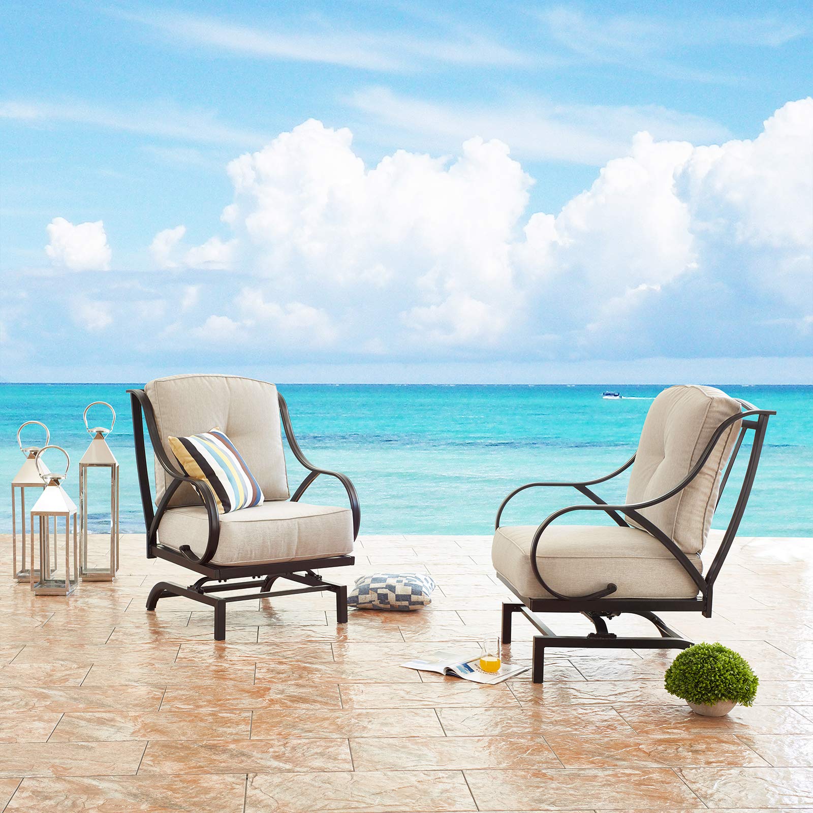 Festival Depot 2-Piece Patio Chair Set with Thick Cushions - Metal Armchairs for Outdoor Bistro, Deck & Garden - Beige - Perfect for Relaxing, Entertaining & Outdoor Dining