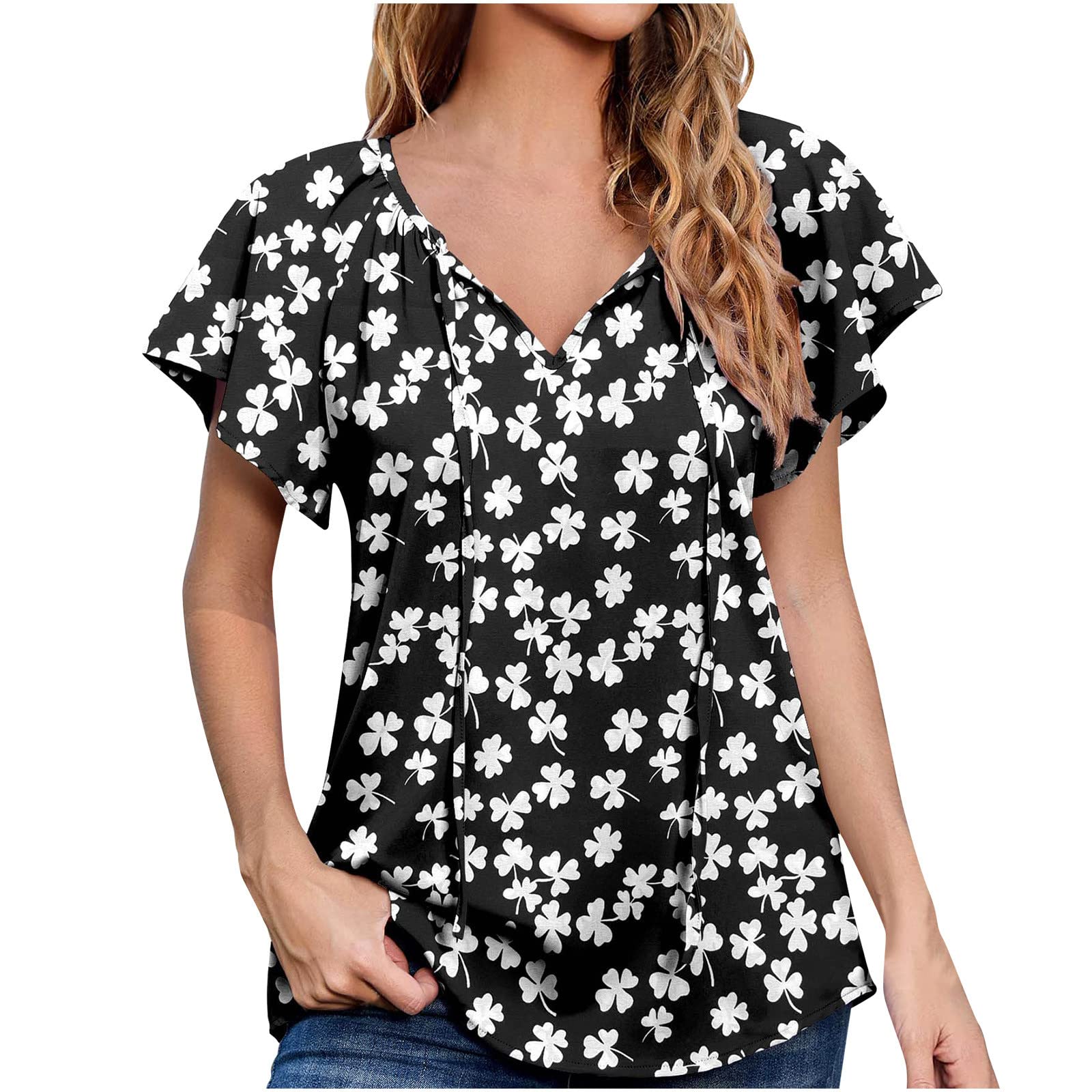 Women's Summer Floral Tops - Ruffle Short Sleeve Tie Knot Front V-Neck T-Shirts | Casual Loose Blouse Tunic Tee for Beach, Vacation & Everyday Wear